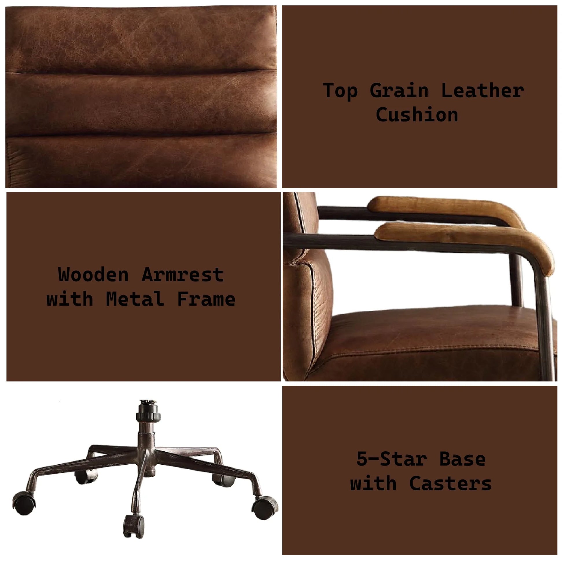 Harith Retro Brown Top Grain Leather Office Chair with Adjustable Height and Swivel Seat detail view 4