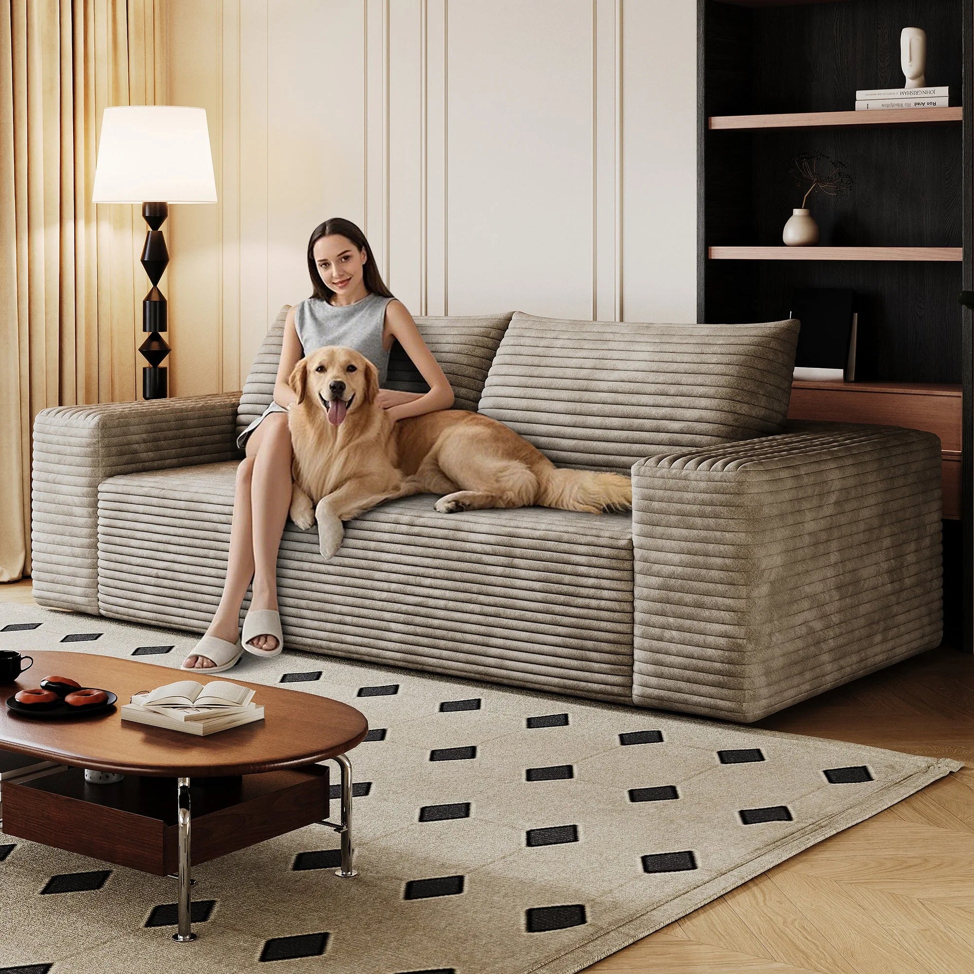 71' 3-Seater Sofa, Corduroy Fabric, Deep Seat Couches, Comfy Loveseat Sofa, No Assembly, 1pcs for Living room, Bedroom, Conference room, Apartment, Camel detail view 4