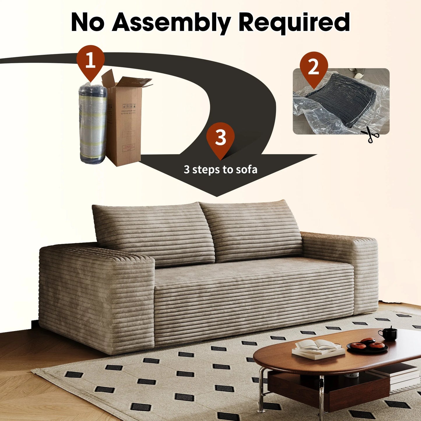 71' 3-Seater Sofa, Corduroy Fabric, Deep Seat Couches, Comfy Loveseat Sofa, No Assembly, 1pcs for Living room, Bedroom, Conference room, Apartment, Camel detail view 11