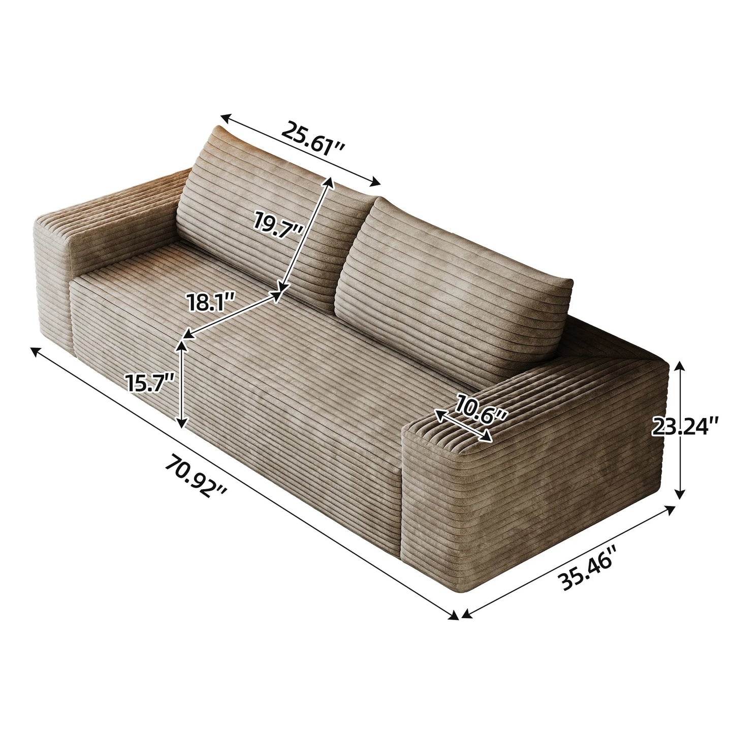 71' 3-Seater Sofa, Corduroy Fabric, Deep Seat Couches, Comfy Loveseat Sofa, No Assembly, 1pcs for Living room, Bedroom, Conference room, Apartment, Camel detail view 12