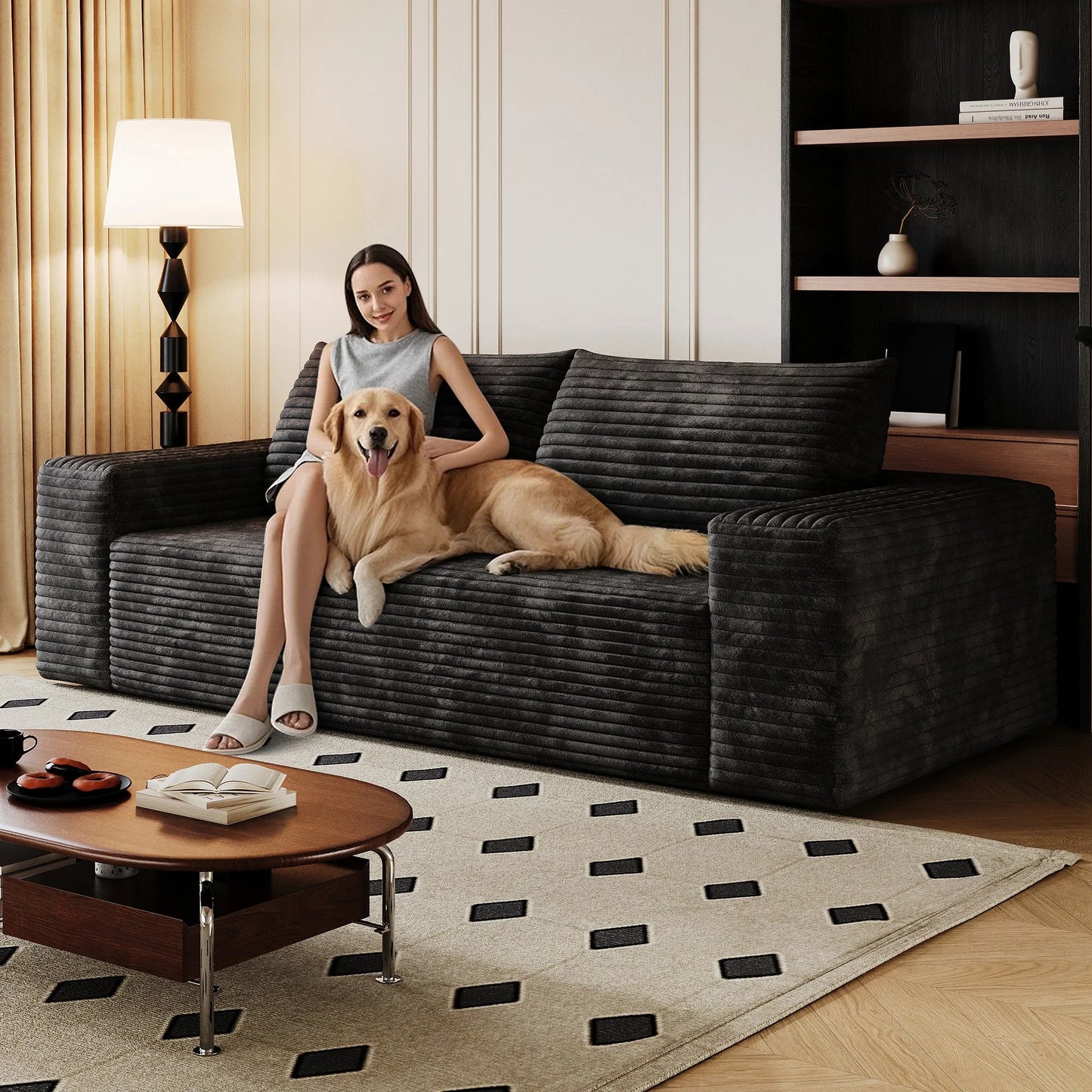 71' 3-Seater Sofa, Corduroy Fabric, Deep Seat Couches, Comfy Loveseat Sofa, No Assembly, 1pcs for Living room, Bedroom, Conference room, Apartment, Camel detail view 17