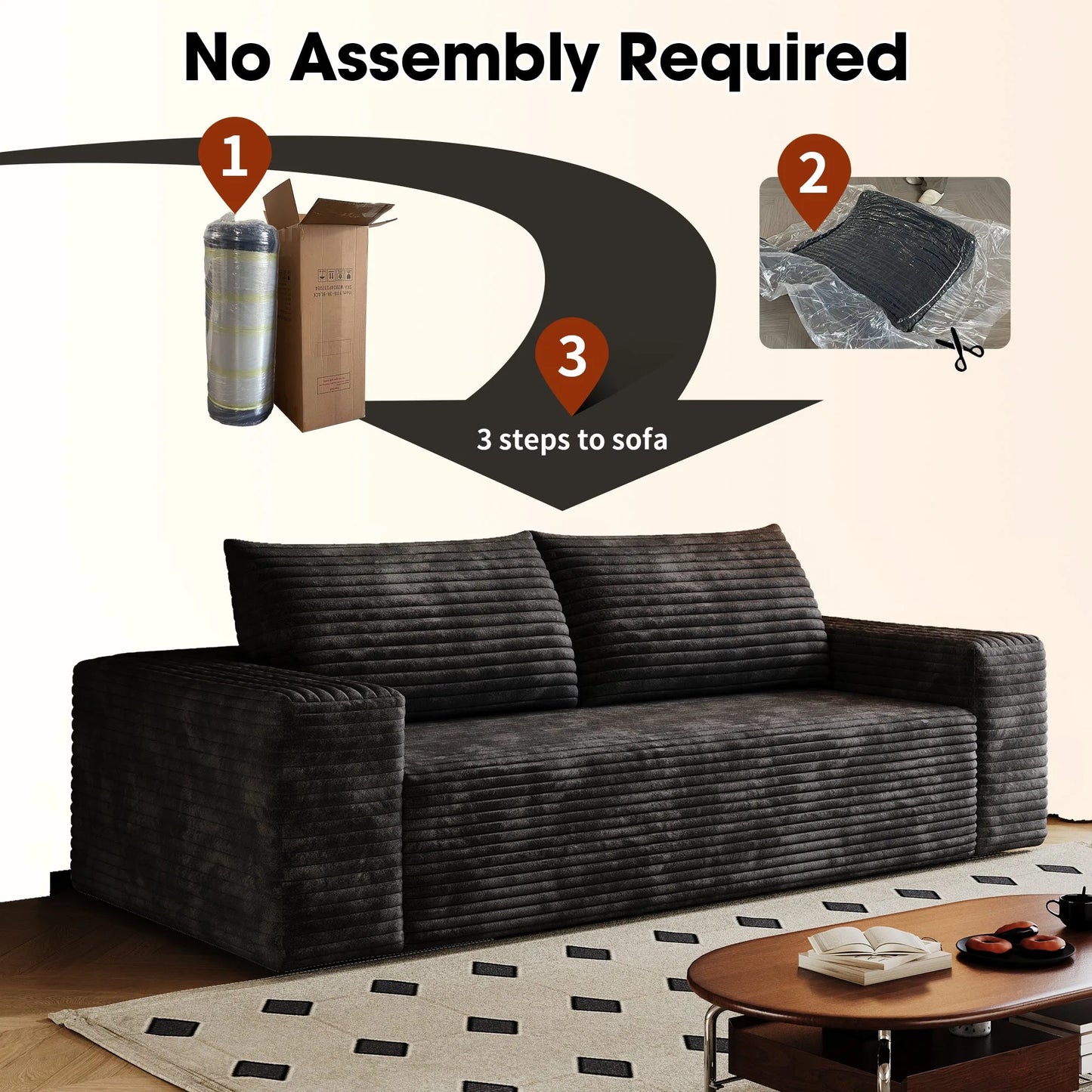 71' 3-Seater Sofa, Corduroy Fabric, Deep Seat Couches, Comfy Loveseat Sofa, No Assembly, 1pcs for Living room, Bedroom, Conference room, Apartment, Camel detail view 25