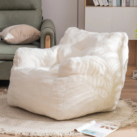 Ivory White Soft Teddy Fabric Tufted Foam Bean Bag Chair with Memory Sponge lifestyle view