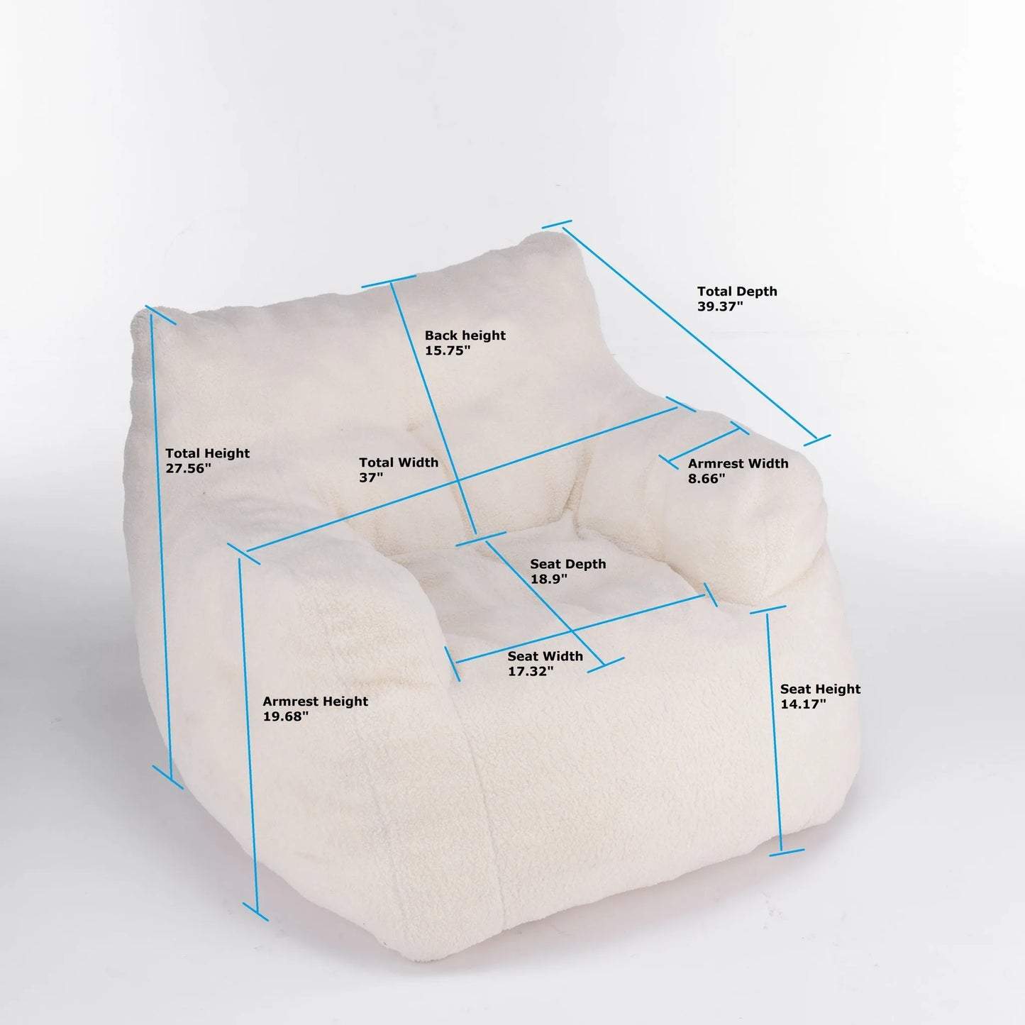 Ivory White Soft Teddy Fabric Tufted Foam Bean Bag Chair with Memory Sponge detail view 3