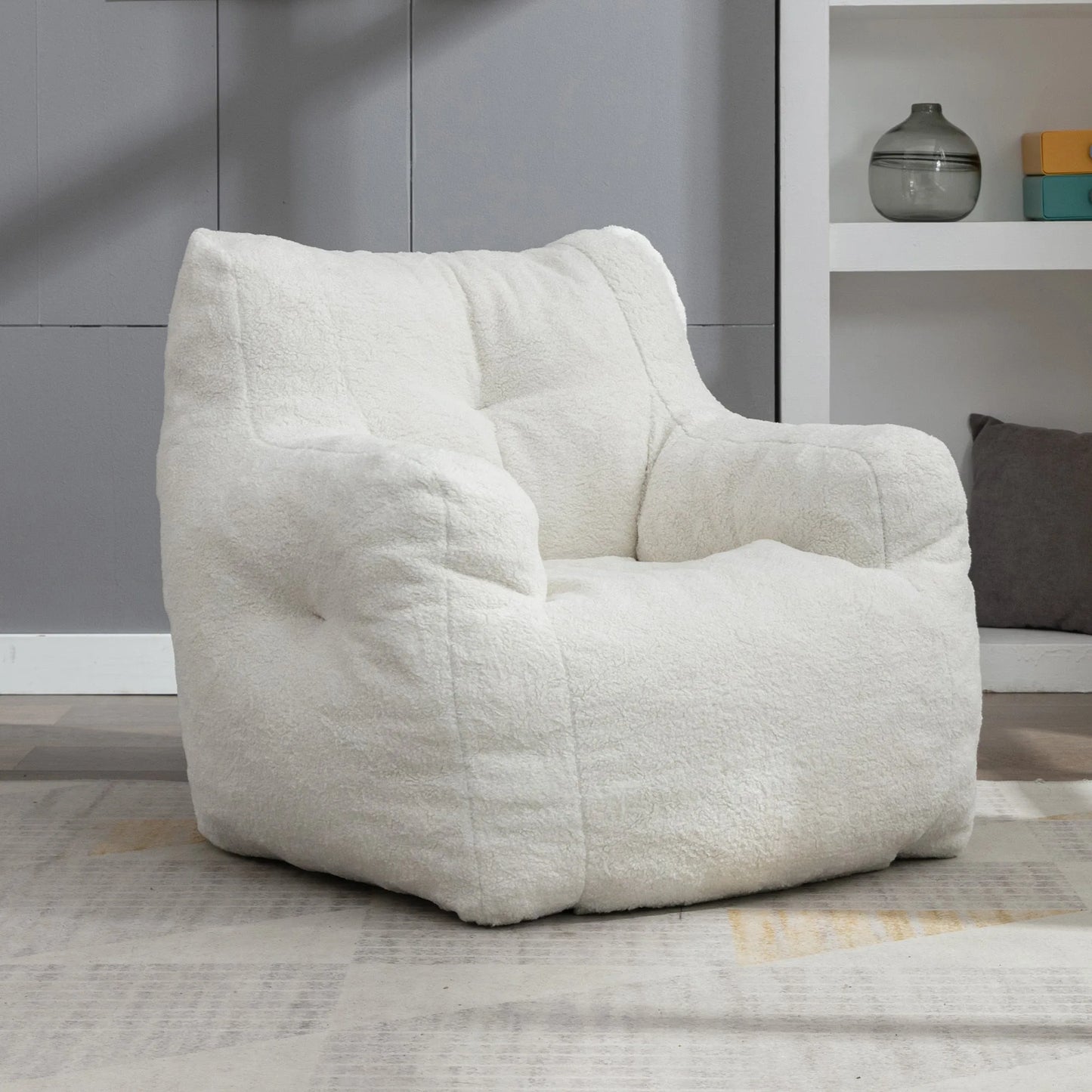 Ivory White Soft Teddy Fabric Tufted Foam Bean Bag Chair with Memory Sponge detail view 4