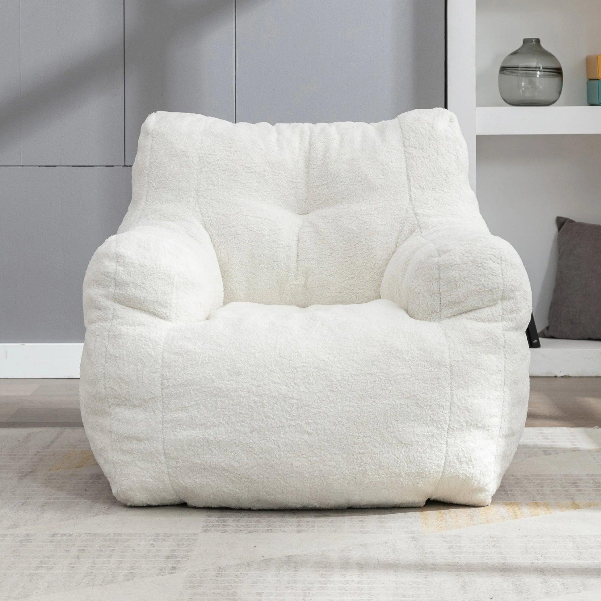 Ivory White Soft Teddy Fabric Tufted Foam Bean Bag Chair with Memory Sponge detail view 5