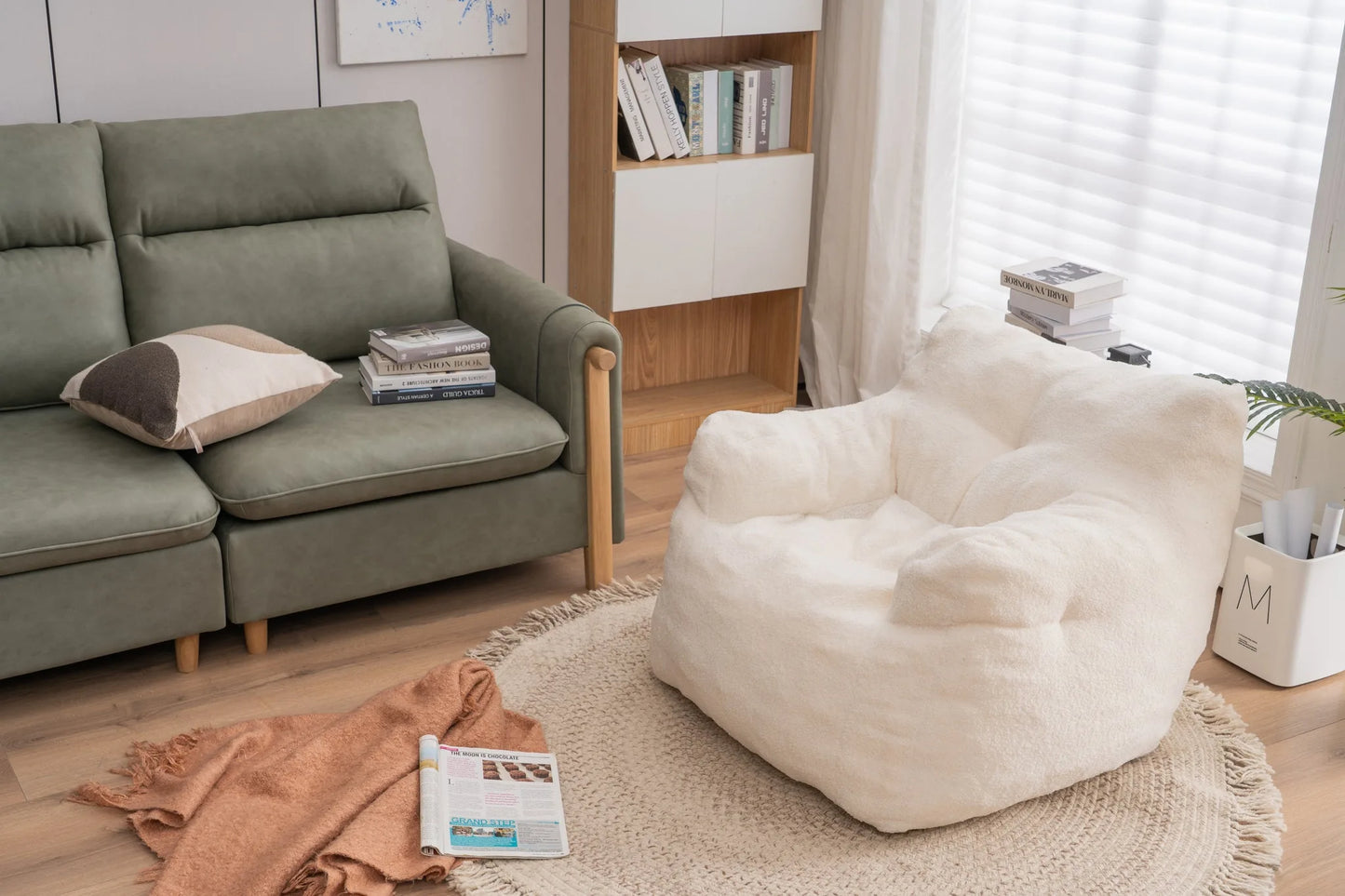 Ivory White Soft Teddy Fabric Tufted Foam Bean Bag Chair with Memory Sponge detail view 13