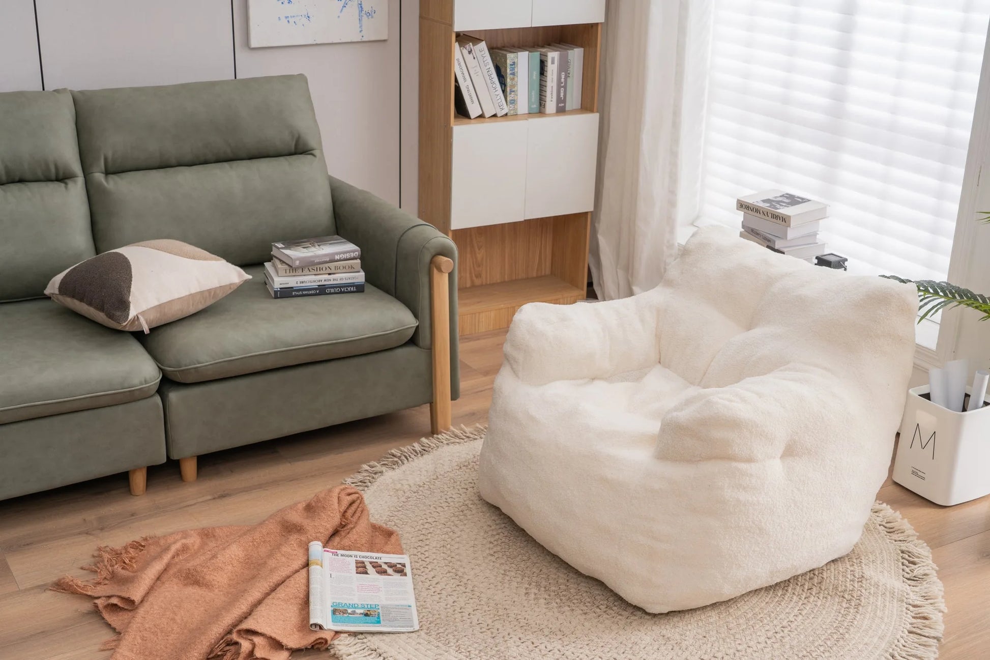 Ivory White Soft Teddy Fabric Tufted Foam Bean Bag Chair with Memory Sponge detail view 13