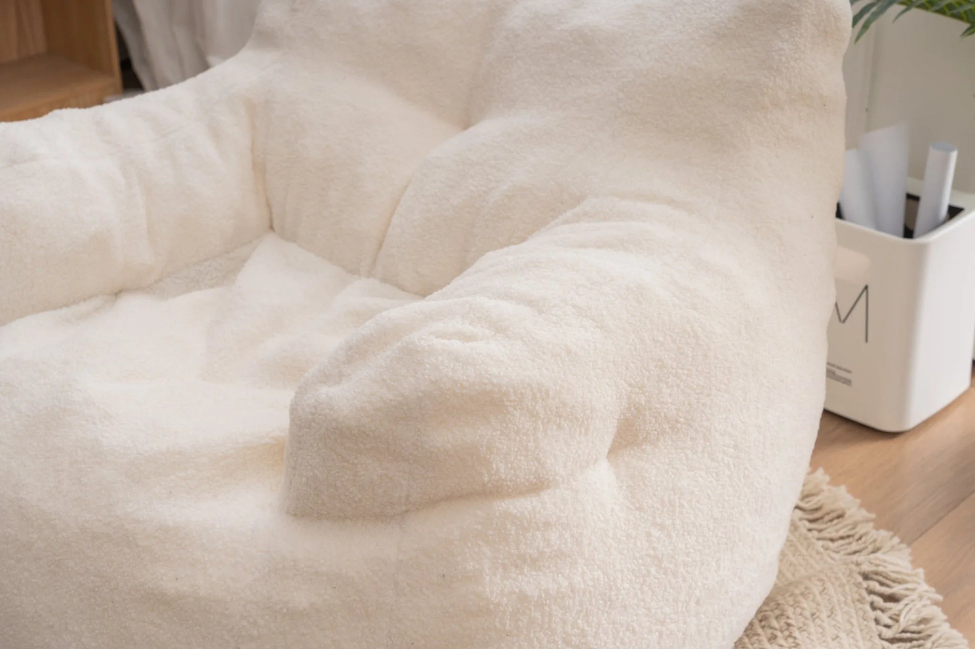 Ivory White Soft Teddy Fabric Tufted Foam Bean Bag Chair with Memory Sponge detail view 14
