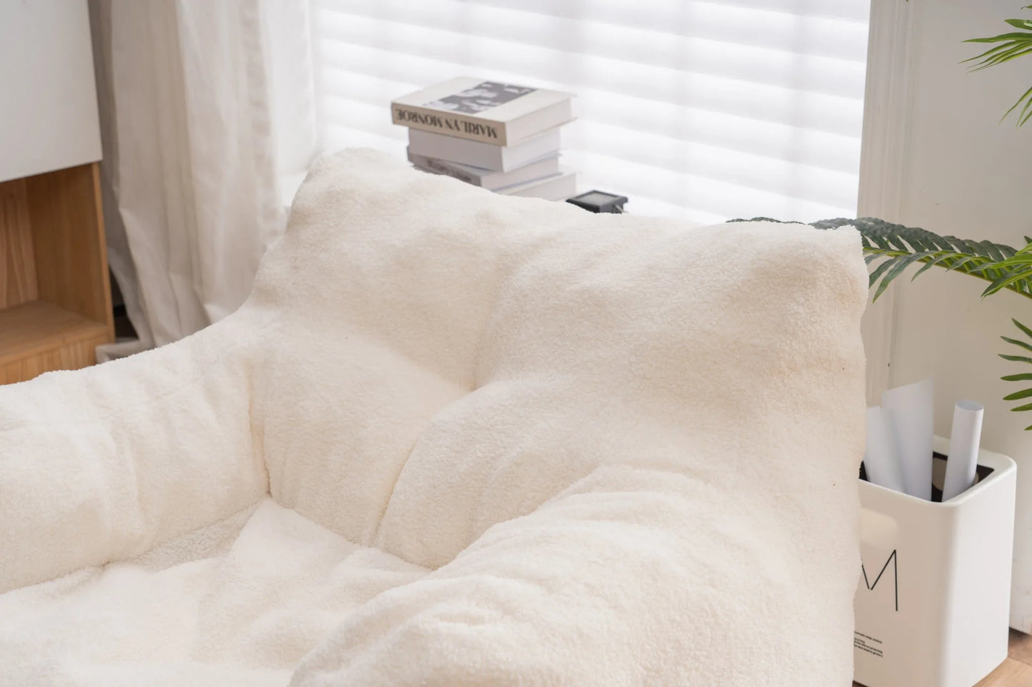 Ivory White Soft Teddy Fabric Tufted Foam Bean Bag Chair with Memory Sponge detail view 15