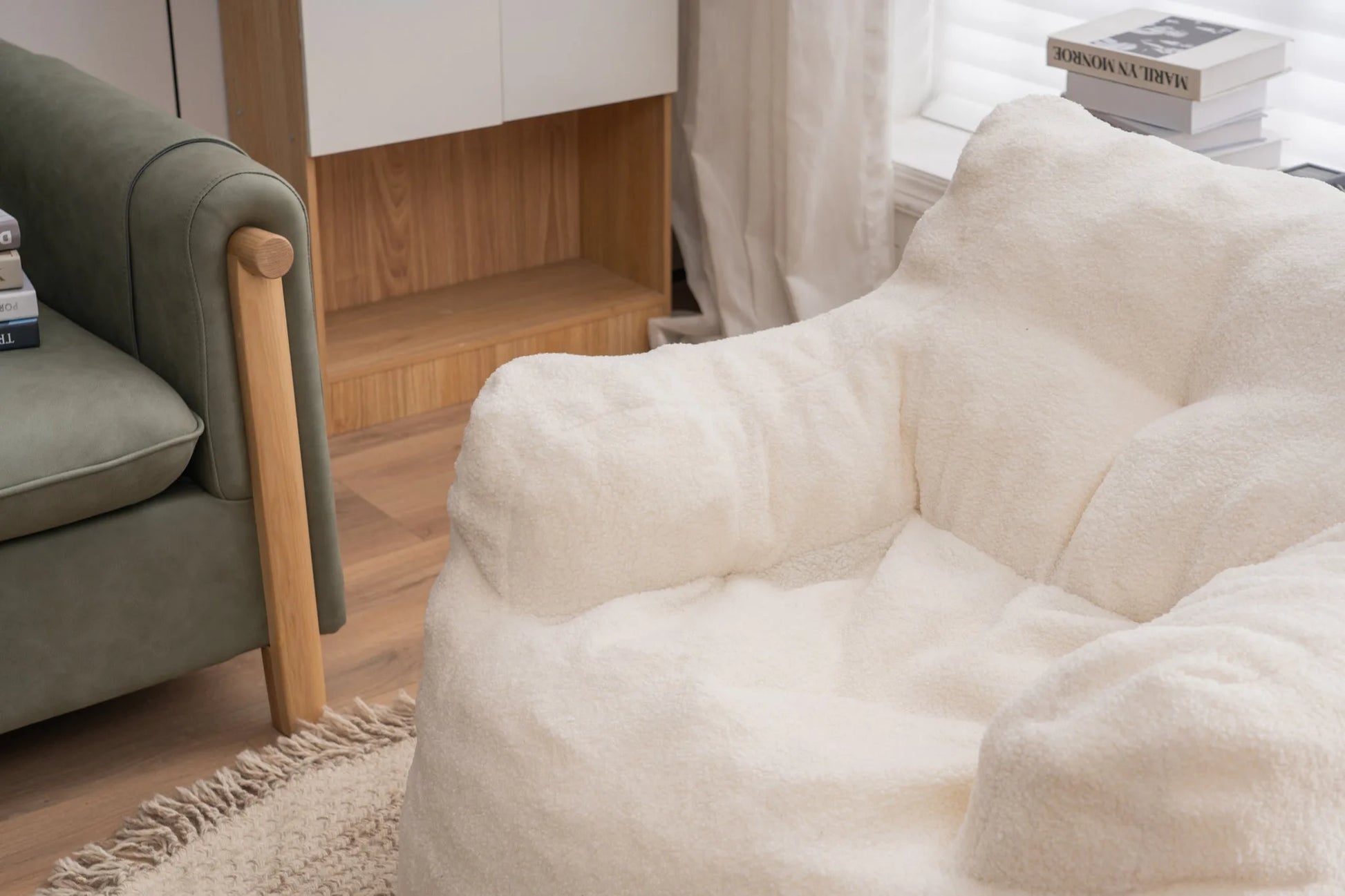 Ivory White Soft Teddy Fabric Tufted Foam Bean Bag Chair with Memory Sponge detail view 17