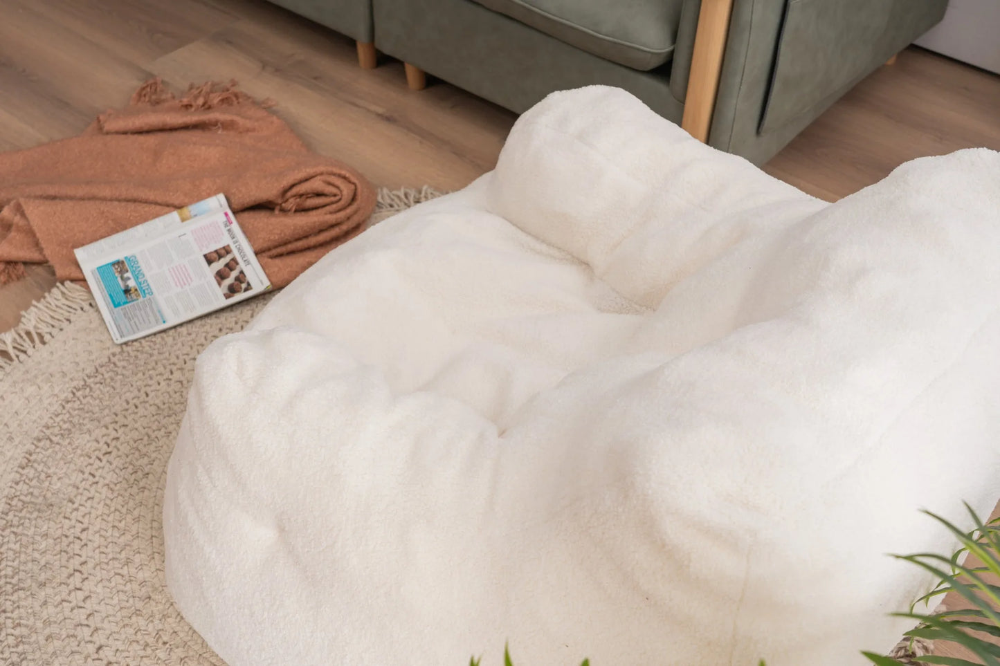 Ivory White Soft Teddy Fabric Tufted Foam Bean Bag Chair with Memory Sponge detail view 20
