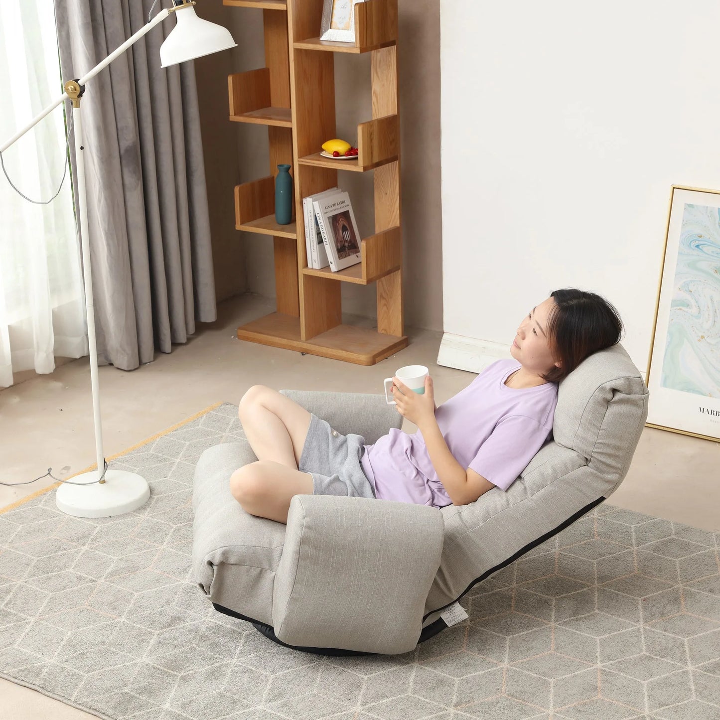 Modern Gray with Metal Frame Swivel Game Lounge Chair with Adjustable Headrest and Waist Support – 360-Degree Rotatable Leisure Chair for Living Room detail view 4