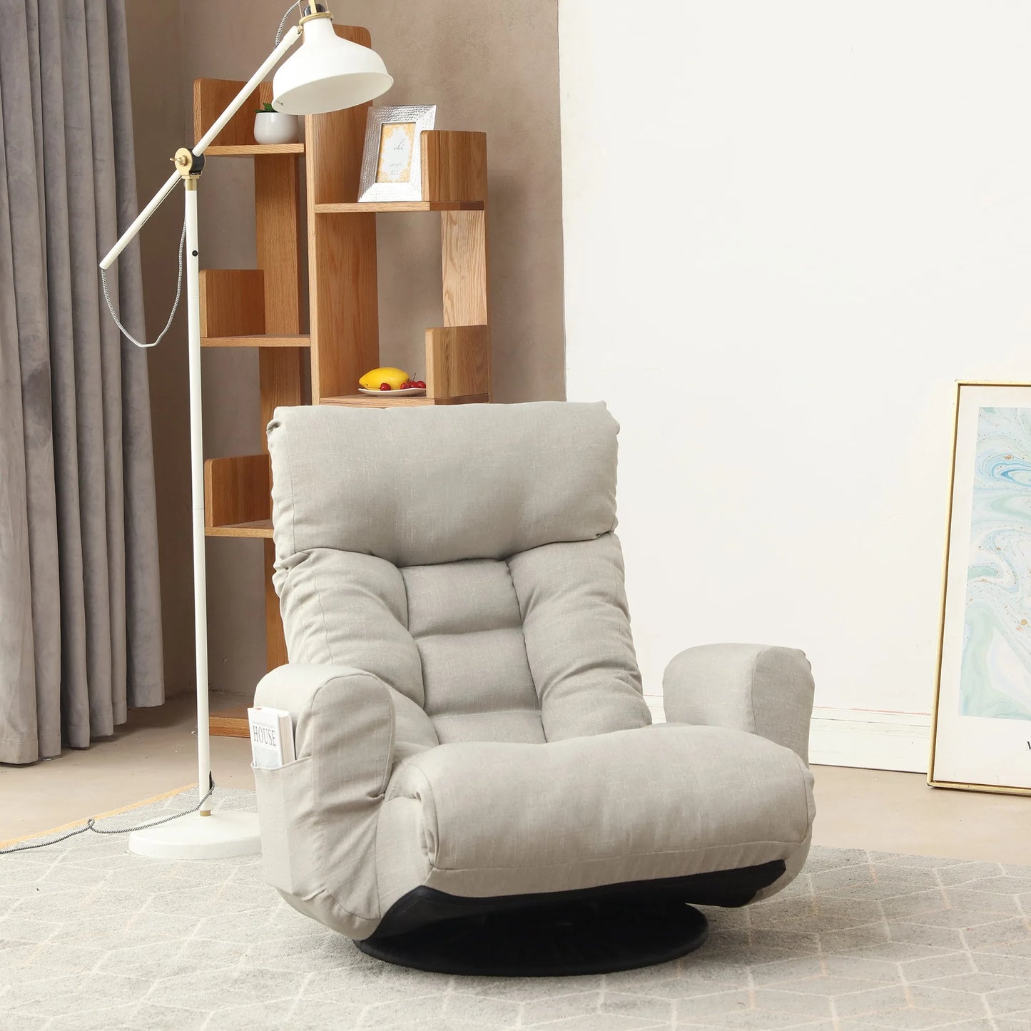 Modern Gray with Metal Frame Swivel Game Lounge Chair with Adjustable Headrest and Waist Support – 360-Degree Rotatable Leisure Chair for Living Room detail view 14