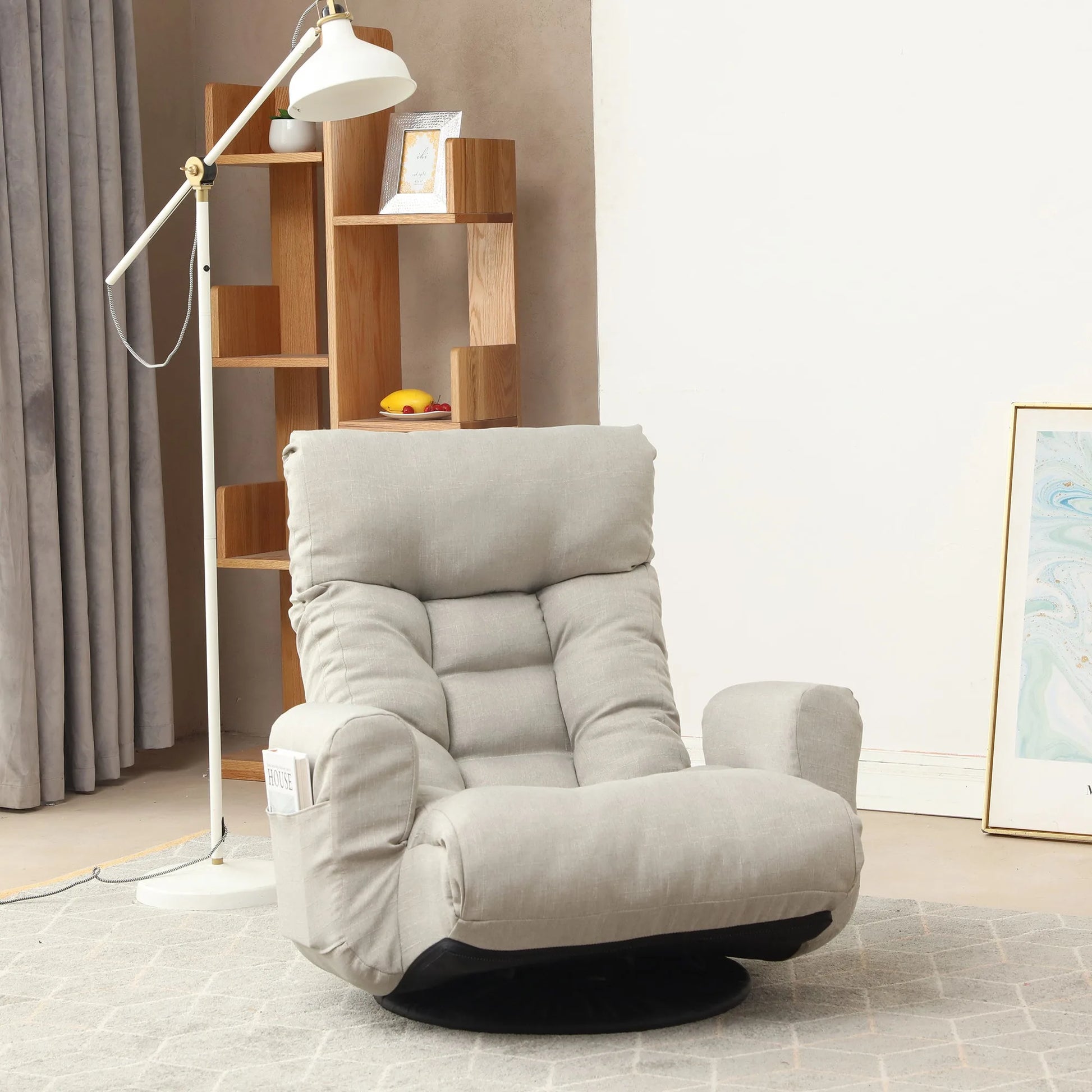 Modern Gray with Metal Frame Swivel Game Lounge Chair with Adjustable Headrest and Waist Support – 360-Degree Rotatable Leisure Chair for Living Room detail view 14