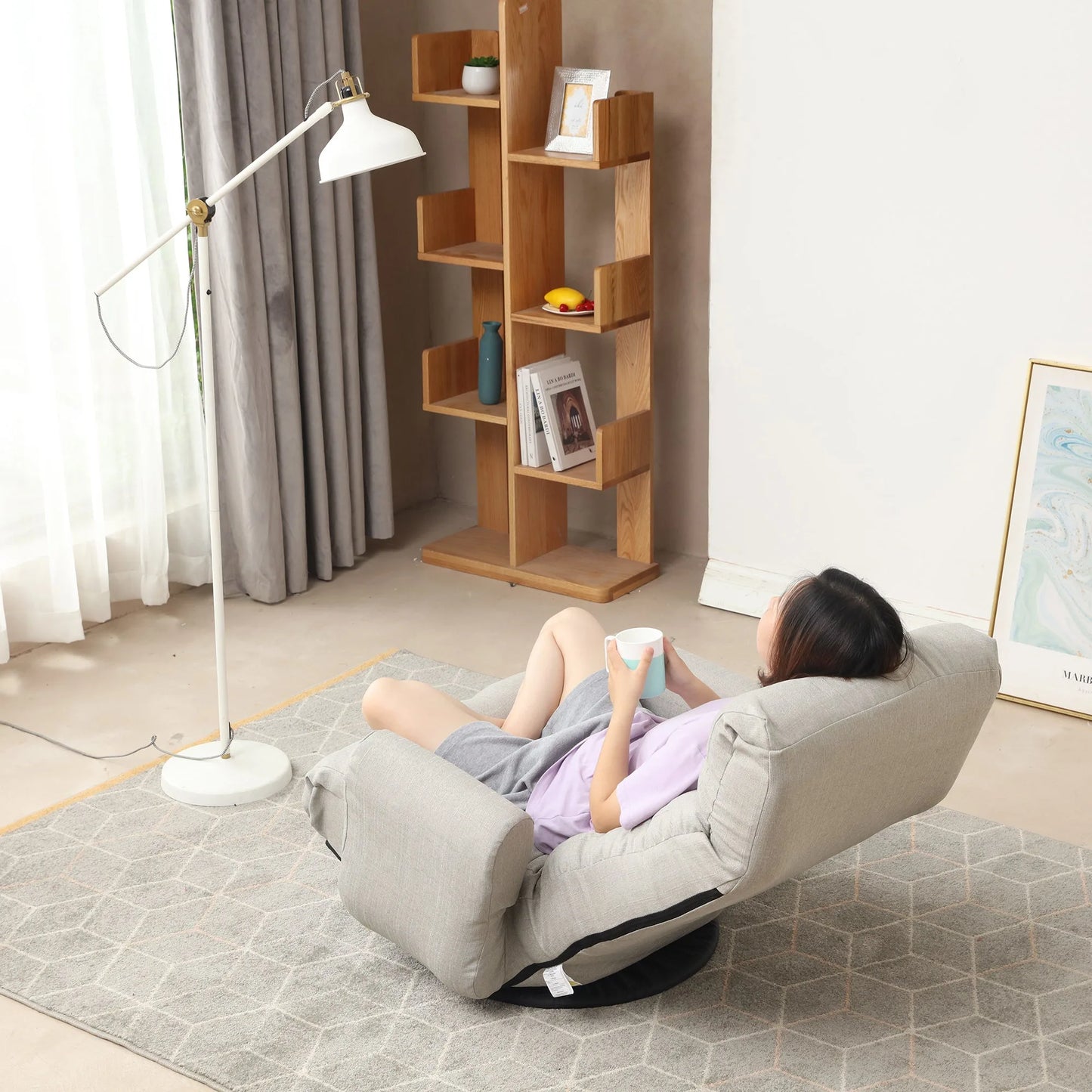 Modern Gray with Metal Frame Swivel Game Lounge Chair with Adjustable Headrest and Waist Support – 360-Degree Rotatable Leisure Chair for Living Room detail view 15