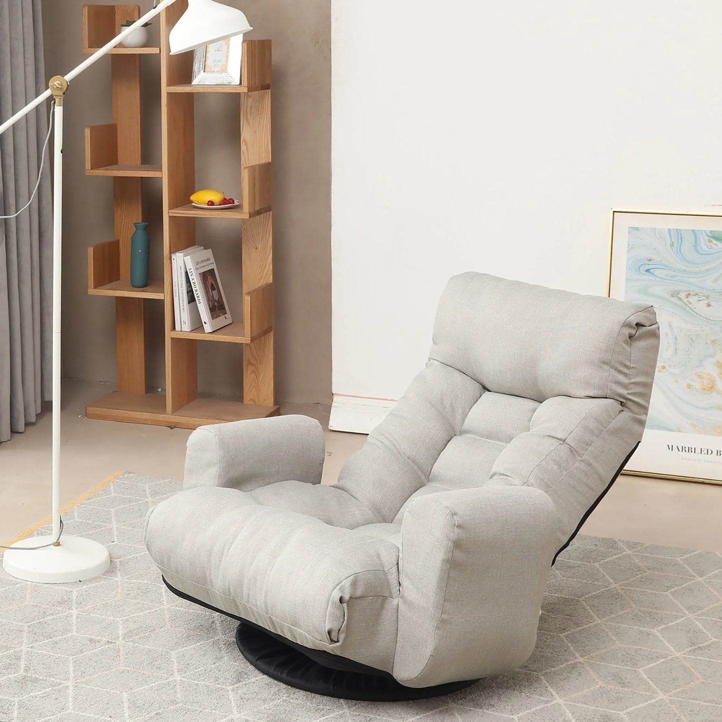 Modern Gray with Metal Frame Swivel Game Lounge Chair with Adjustable Headrest and Waist Support – 360-Degree Rotatable Leisure Chair for Living Room detail view 17