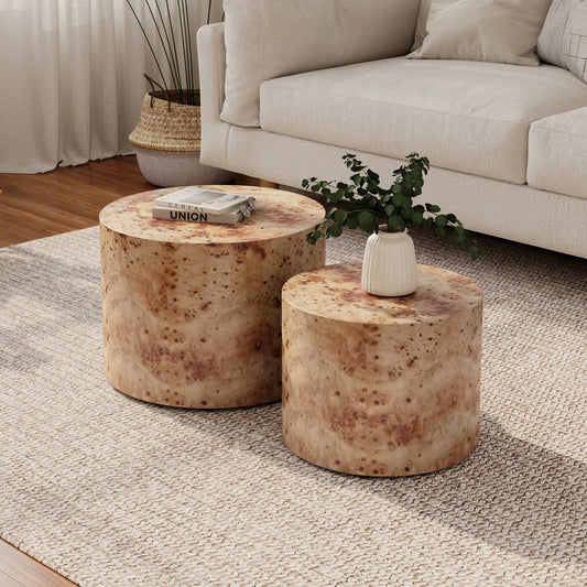 Nesting Coffee Table Set of 2, Modern Round Coffee Table, Wooden Circle Accent Tables for Small Spaces Living Room Bedroom Balcony Office Drum Side Table, Natural Burl lifestyle view