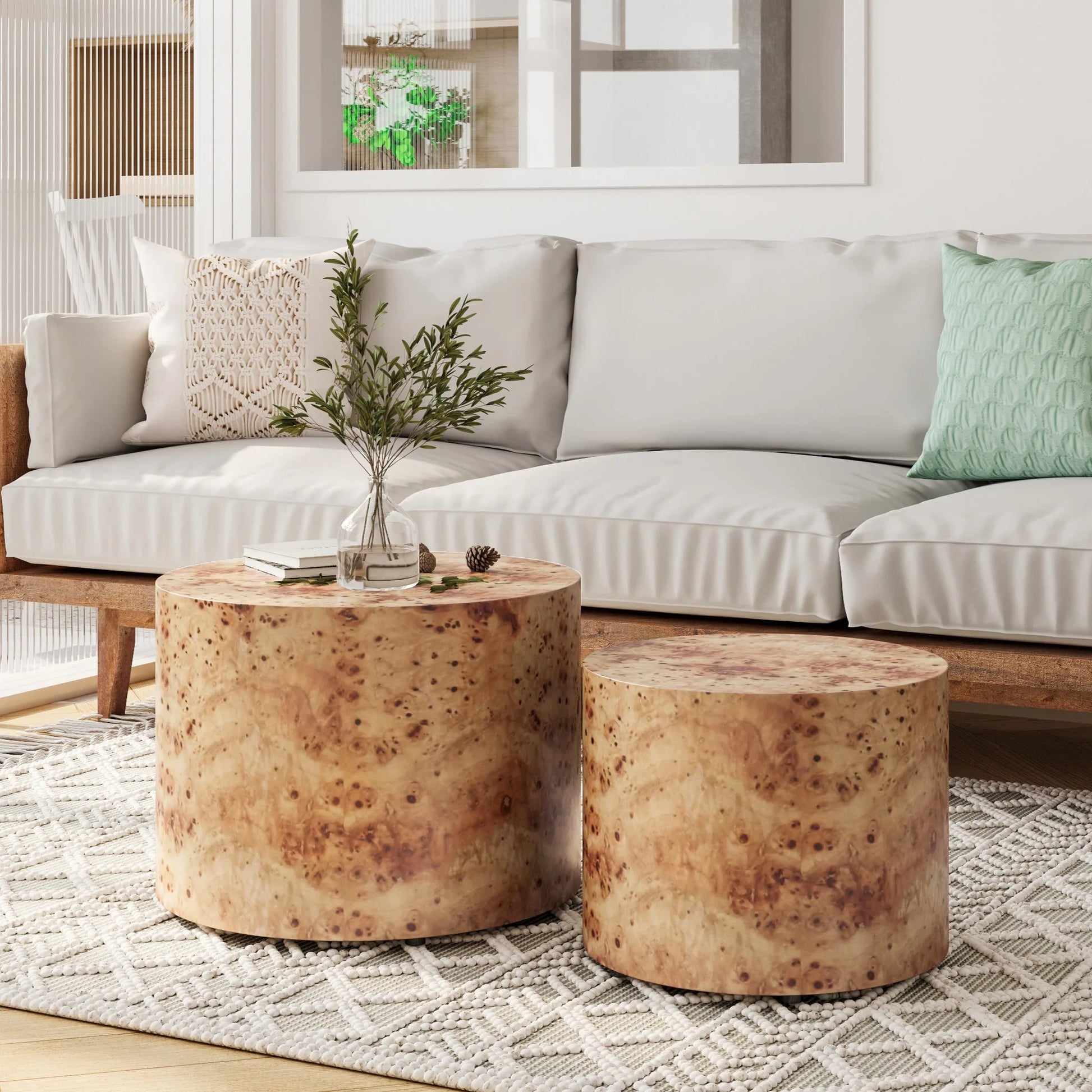 Nesting Coffee Table Set of 2, Modern Round Coffee Table, Wooden Circle Accent Tables for Small Spaces Living Room Bedroom Balcony Office Drum Side Table, Natural Burl detail view 2