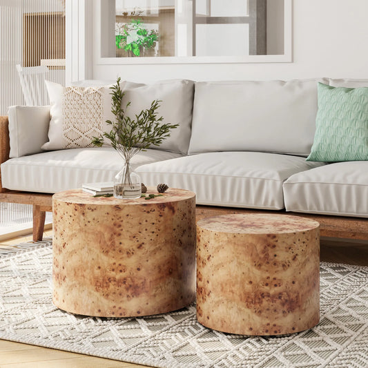 Nesting Coffee Table Set of 2, Modern Round Coffee Table, Wooden Circle Accent Tables for Small Spaces Living Room Bedroom Balcony Office Drum Side Table, Natural Burl detail view 2