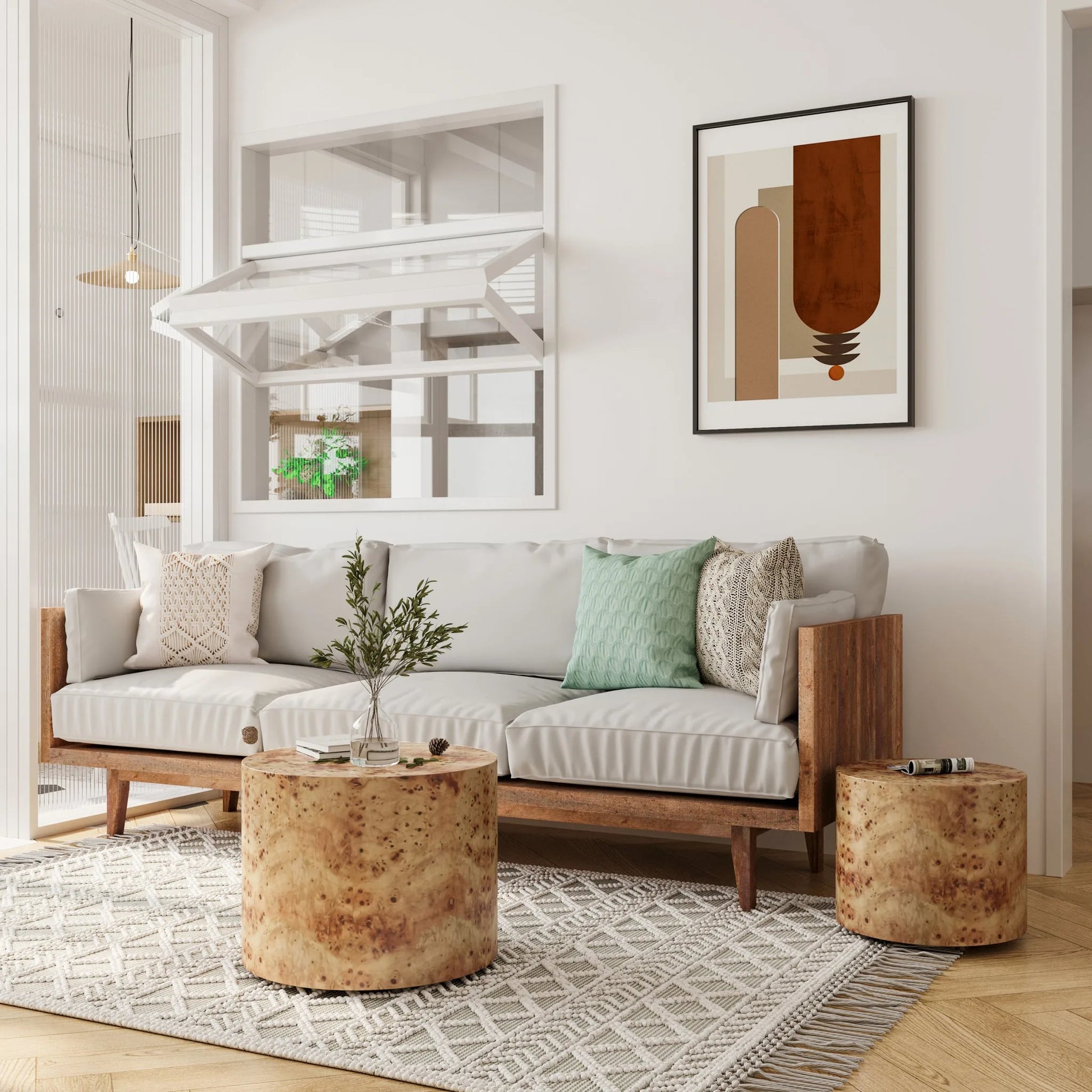 Nesting Coffee Table Set of 2, Modern Round Coffee Table, Wooden Circle Accent Tables for Small Spaces Living Room Bedroom Balcony Office Drum Side Table, Natural Burl detail view 3