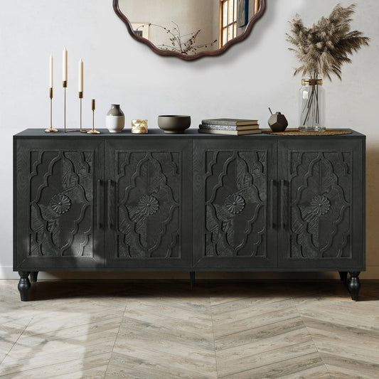 Carved Flower Door Large Storage Cabinet With Metal Handle Suitable For Living Room, Kitchen, Entryway(BLACK) lifestyle view