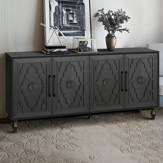 Carved Flower Door Large Storage Cabinet With Metal Handle Suitable For Living Room, Kitchen, Entryway(BLACK) detail view 2