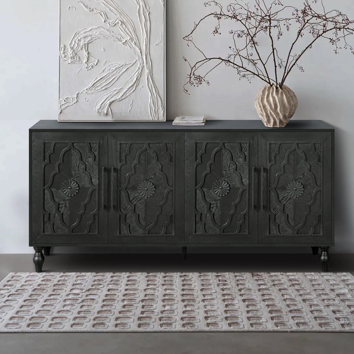 Carved Flower Door Large Storage Cabinet With Metal Handle Suitable For Living Room, Kitchen, Entryway(BLACK) detail view 3