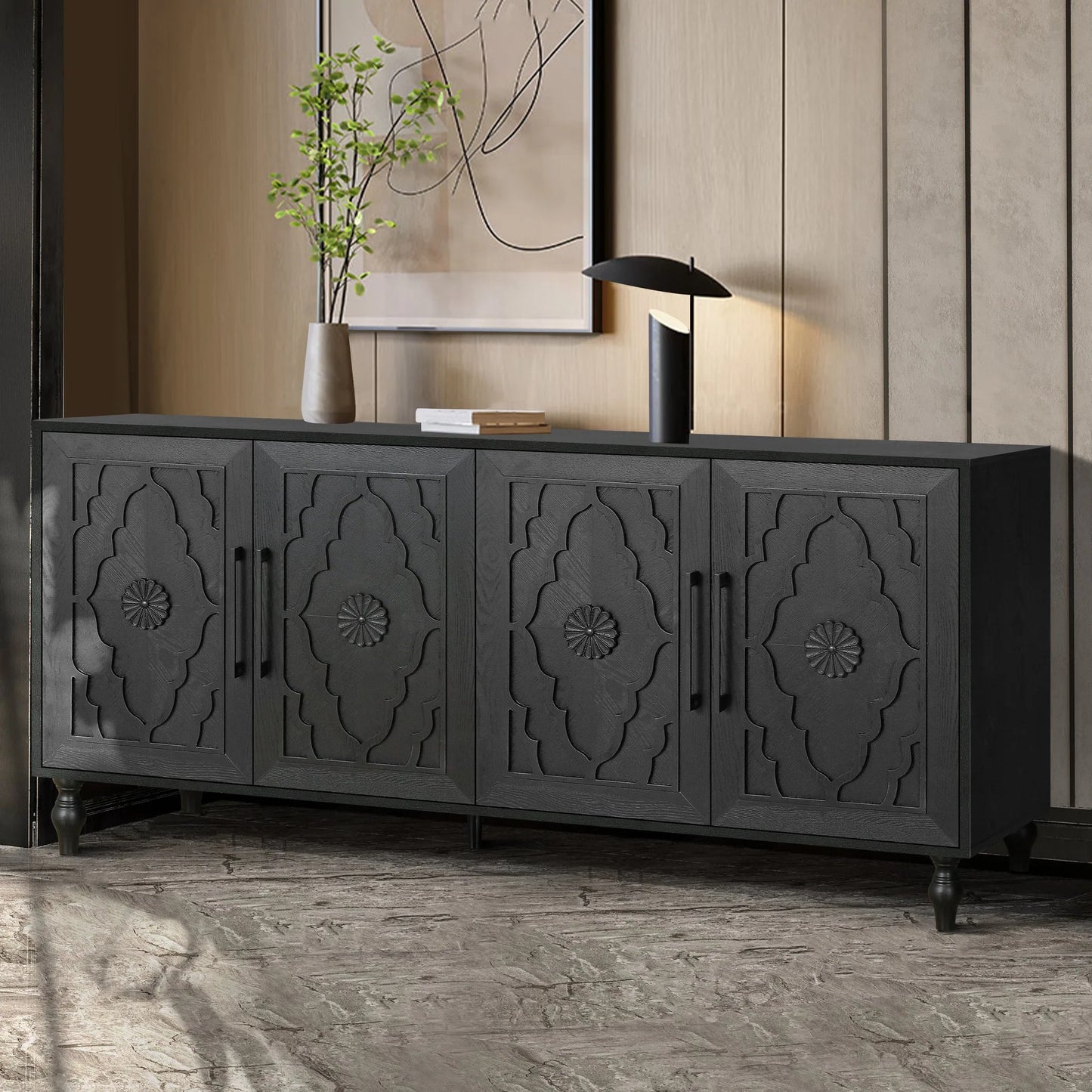 Carved Flower Door Large Storage Cabinet With Metal Handle Suitable For Living Room, Kitchen, Entryway(BLACK) detail view 4
