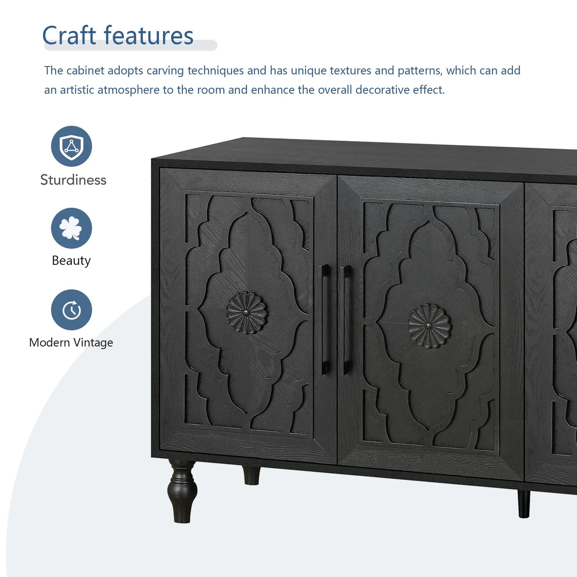 Carved Flower Door Large Storage Cabinet With Metal Handle Suitable For Living Room, Kitchen, Entryway(BLACK) detail view 7