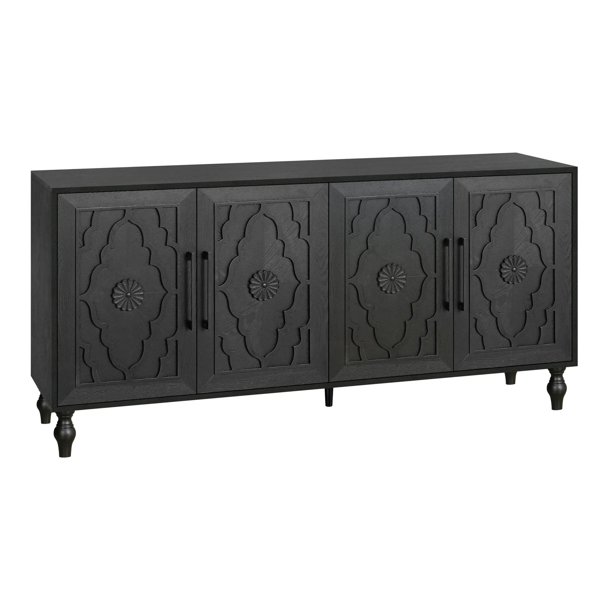 Carved Flower Door Large Storage Cabinet With Metal Handle Suitable For Living Room, Kitchen, Entryway(BLACK) detail view 9