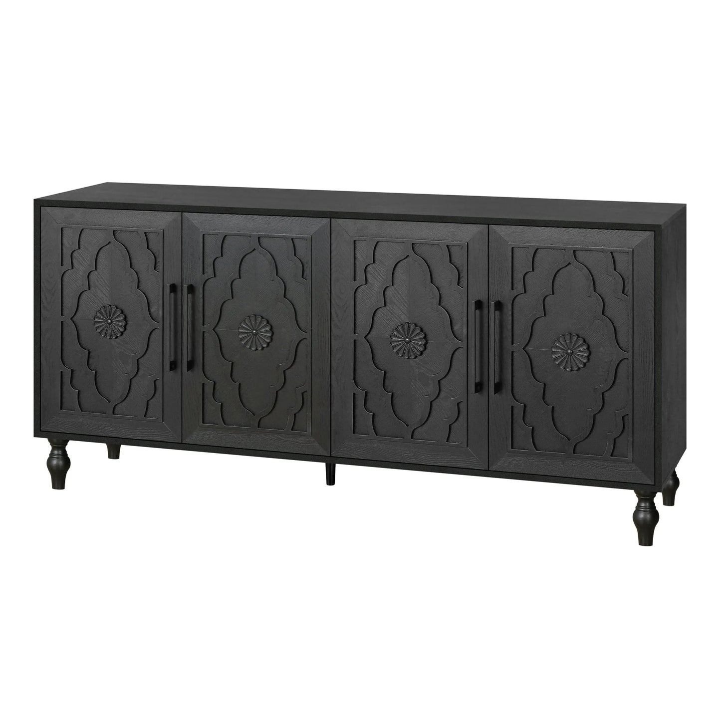 Carved Flower Door Large Storage Cabinet With Metal Handle Suitable For Living Room, Kitchen, Entryway(BLACK) detail view 11