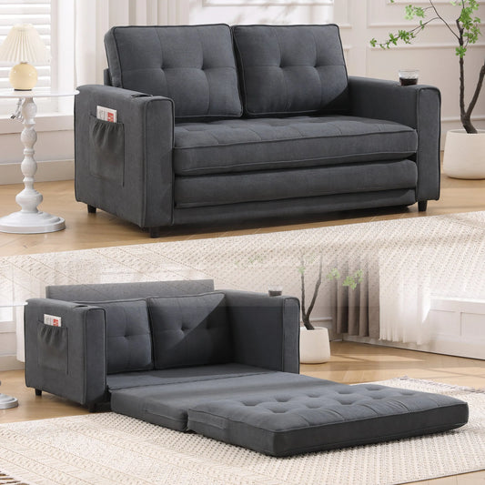 3-in-1 Upholstered Futon Sofa Convertible Sofa bed, Foldable Tufted Loveseat with Pull Out Sleeper Couch Bed, Folding Mattres Love Seat Daybed W/Side Pockets and Cup Holder, Dark Gray lifestyle view