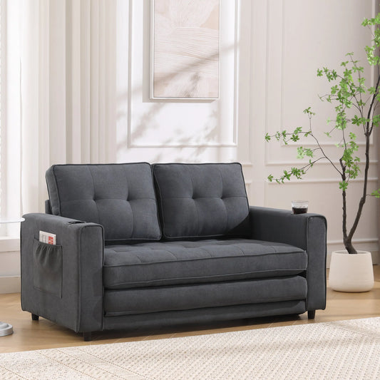 3-in-1 Upholstered Futon Sofa Convertible Sofa bed, Foldable Tufted Loveseat with Pull Out Sleeper Couch Bed, Folding Mattres Love Seat Daybed W/Side Pockets and Cup Holder, Dark Gray detail view 2