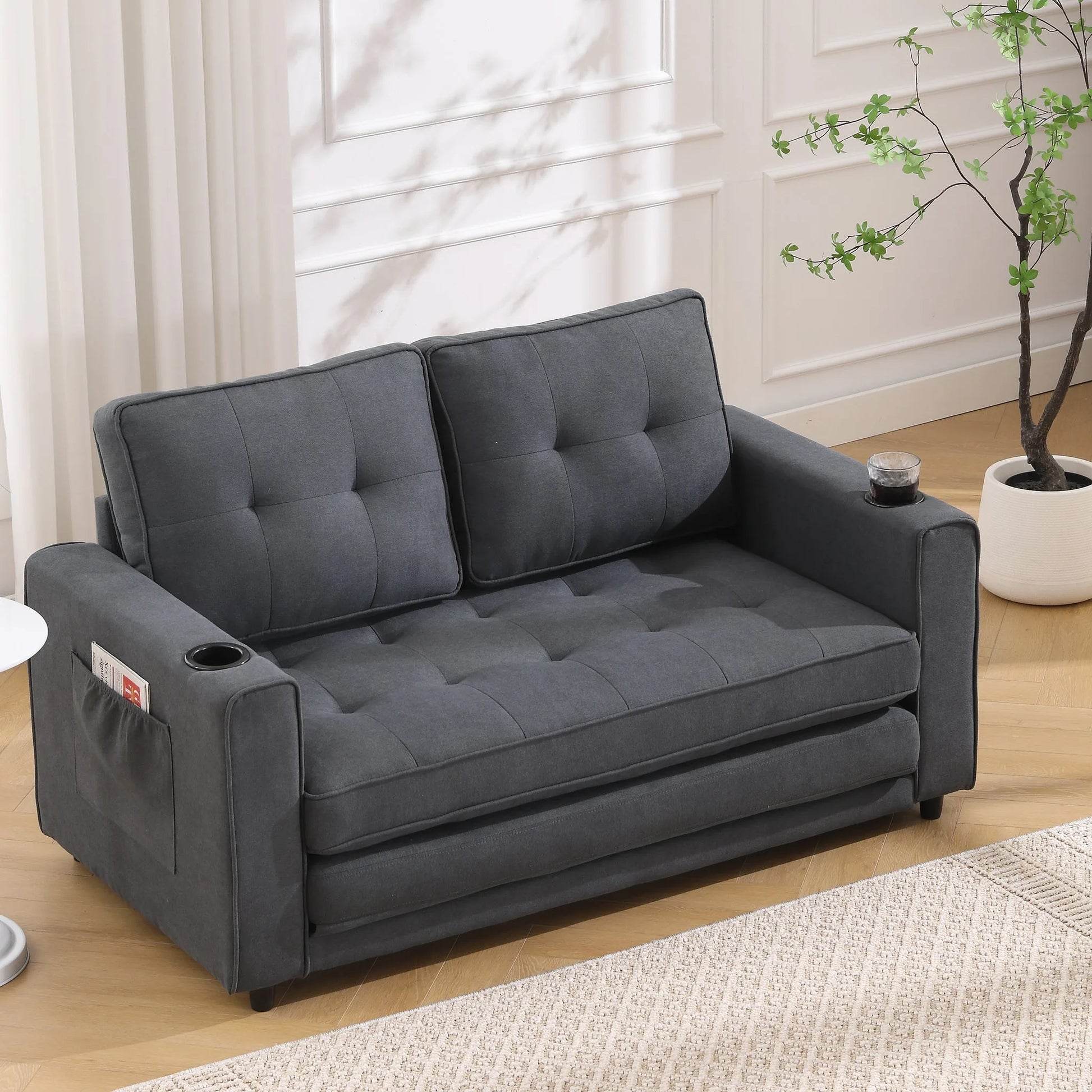 3-in-1 Upholstered Futon Sofa Convertible Sofa bed, Foldable Tufted Loveseat with Pull Out Sleeper Couch Bed, Folding Mattres Love Seat Daybed W/Side Pockets and Cup Holder, Dark Gray detail view 3