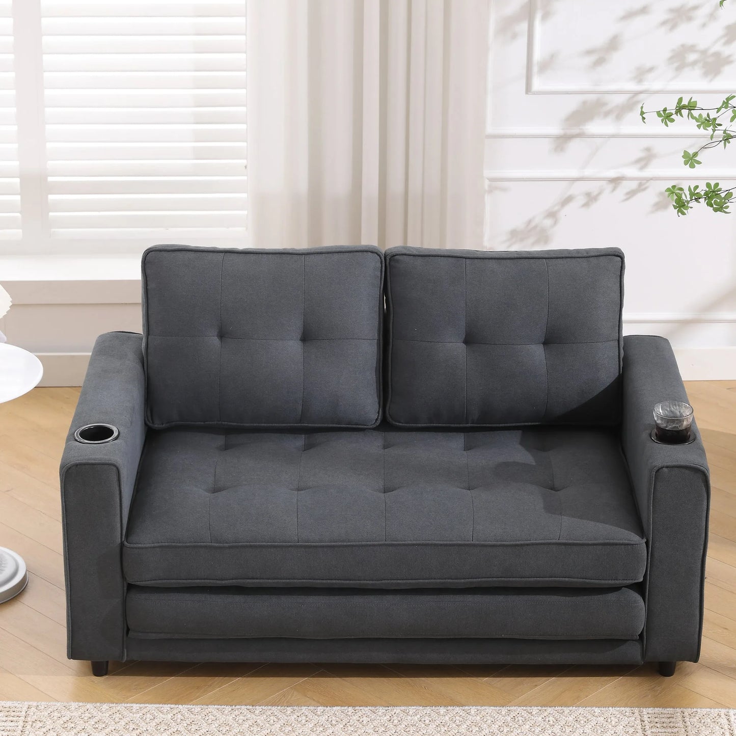 3-in-1 Upholstered Futon Sofa Convertible Sofa bed, Foldable Tufted Loveseat with Pull Out Sleeper Couch Bed, Folding Mattres Love Seat Daybed W/Side Pockets and Cup Holder, Dark Gray detail view 4