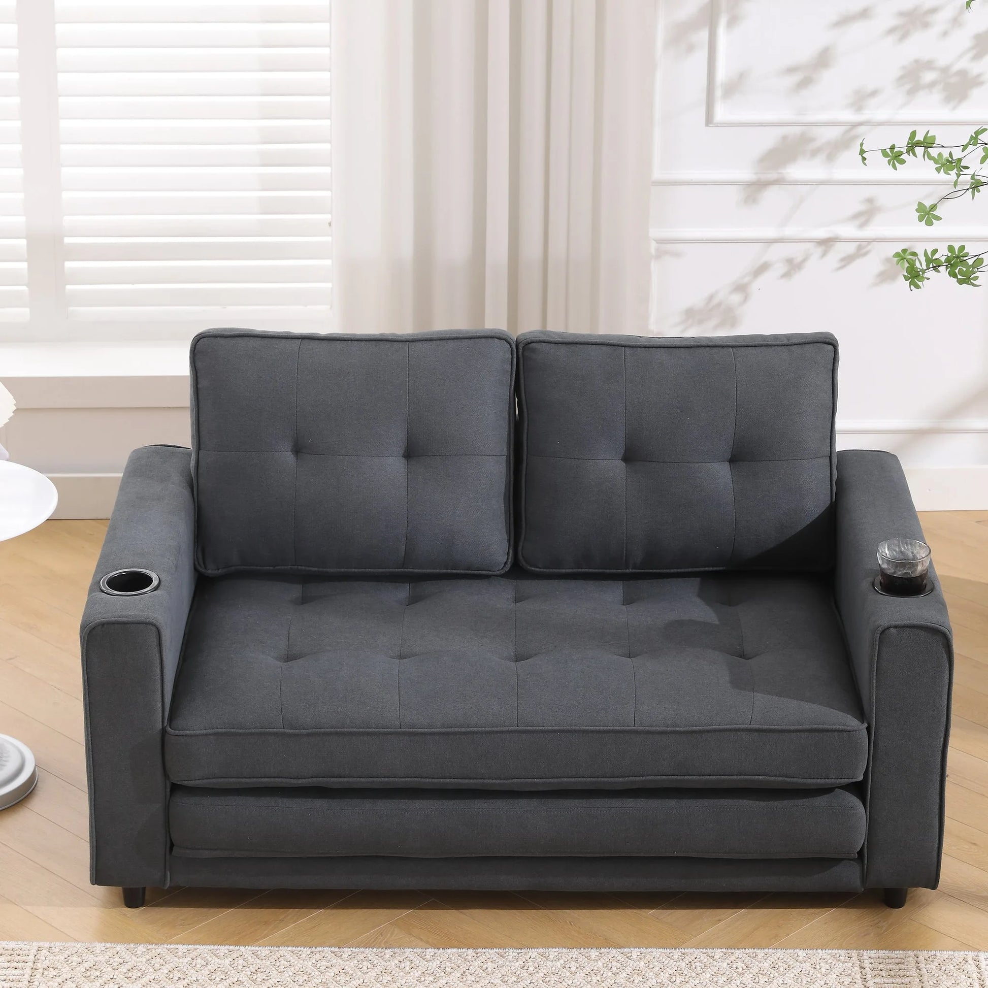 3-in-1 Upholstered Futon Sofa Convertible Sofa bed, Foldable Tufted Loveseat with Pull Out Sleeper Couch Bed, Folding Mattres Love Seat Daybed W/Side Pockets and Cup Holder, Dark Gray detail view 4