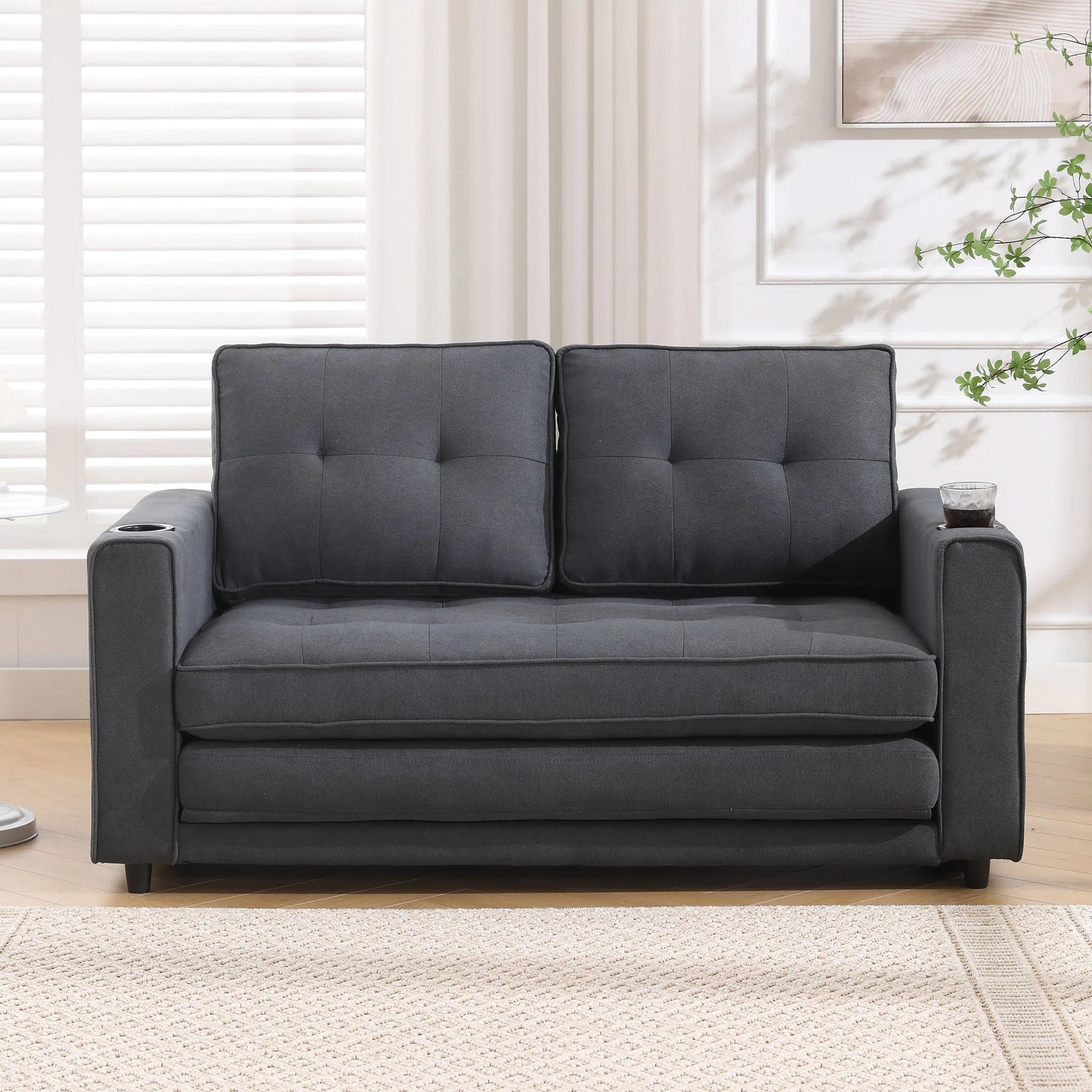 3-in-1 Upholstered Futon Sofa Convertible Sofa bed, Foldable Tufted Loveseat with Pull Out Sleeper Couch Bed, Folding Mattres Love Seat Daybed W/Side Pockets and Cup Holder, Dark Gray detail view 5
