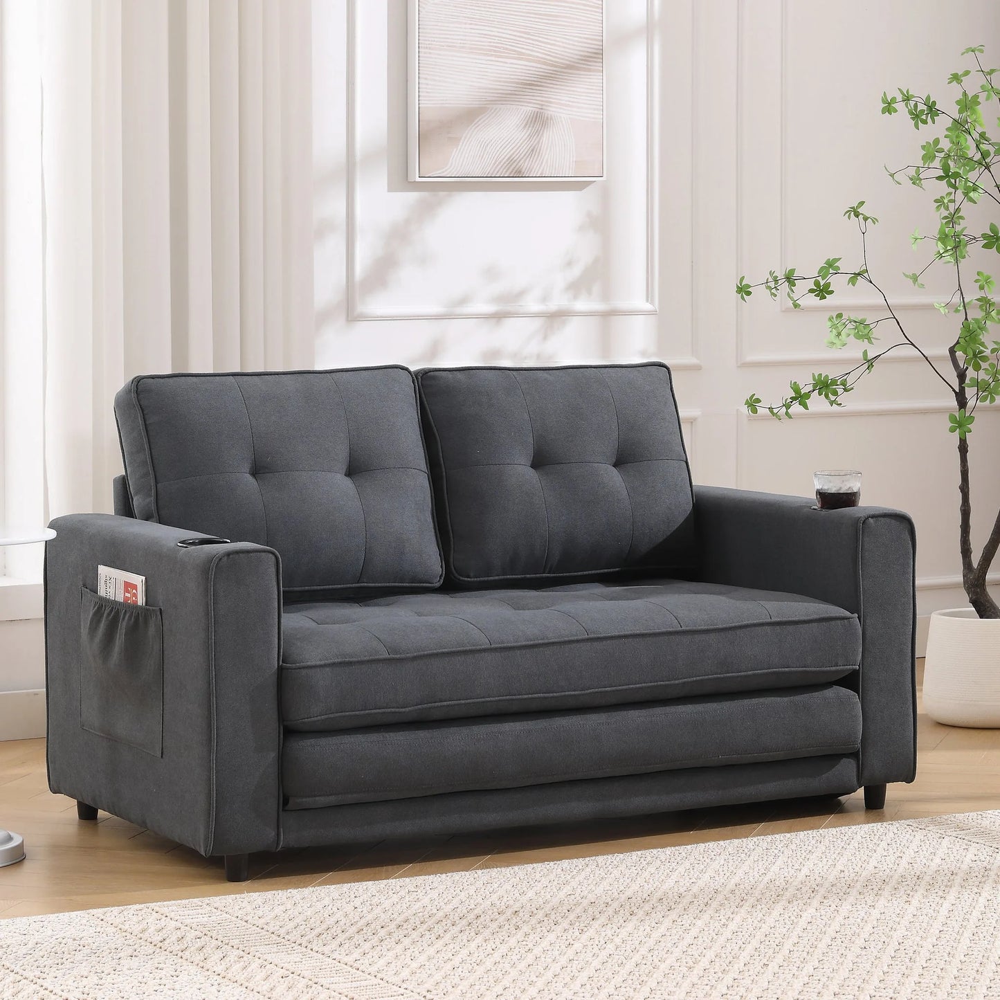3-in-1 Upholstered Futon Sofa Convertible Sofa bed, Foldable Tufted Loveseat with Pull Out Sleeper Couch Bed, Folding Mattres Love Seat Daybed W/Side Pockets and Cup Holder, Dark Gray detail view 6