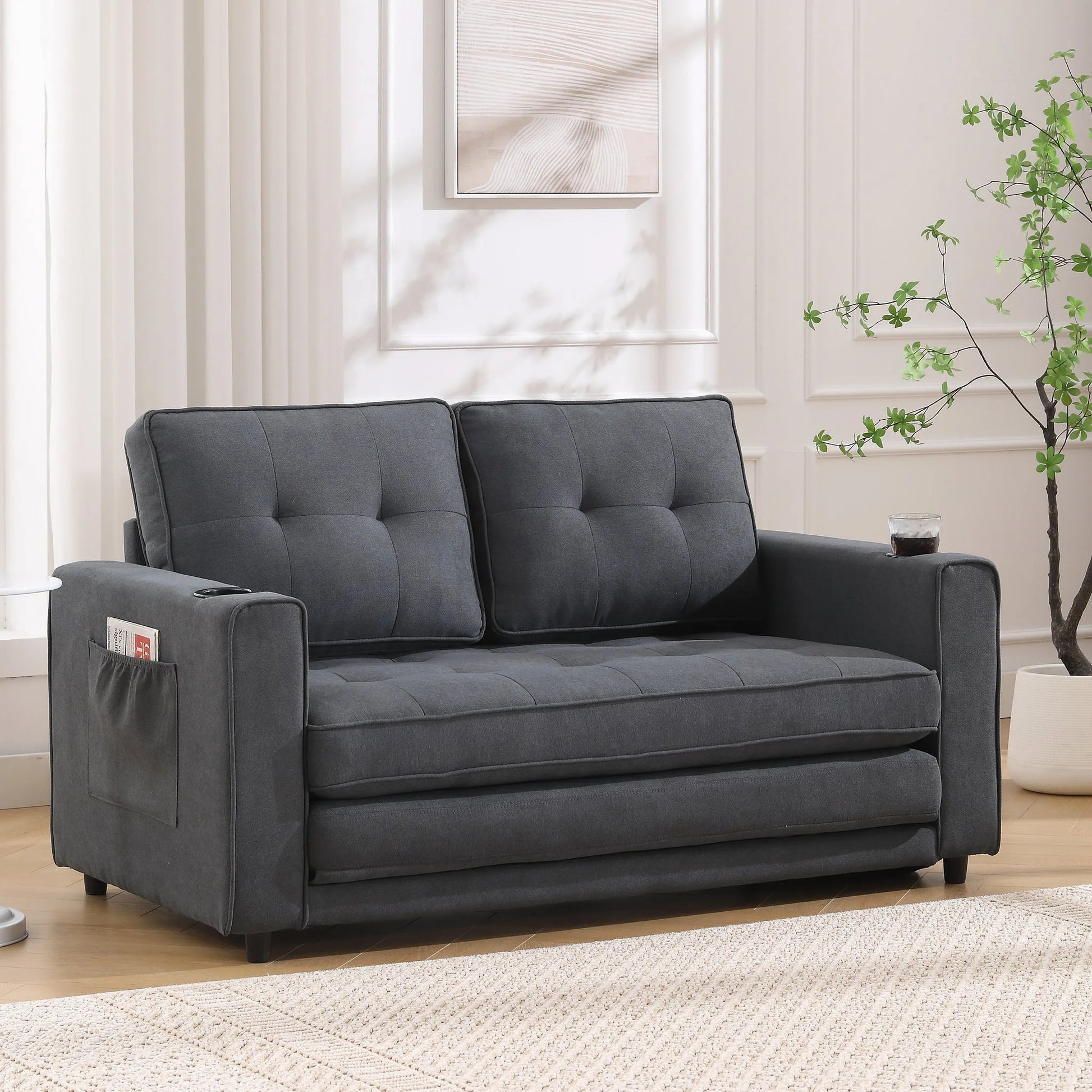 3-in-1 Upholstered Futon Sofa Convertible Sofa bed, Foldable Tufted Loveseat with Pull Out Sleeper Couch Bed, Folding Mattres Love Seat Daybed W/Side Pockets and Cup Holder, Dark Gray detail view 6