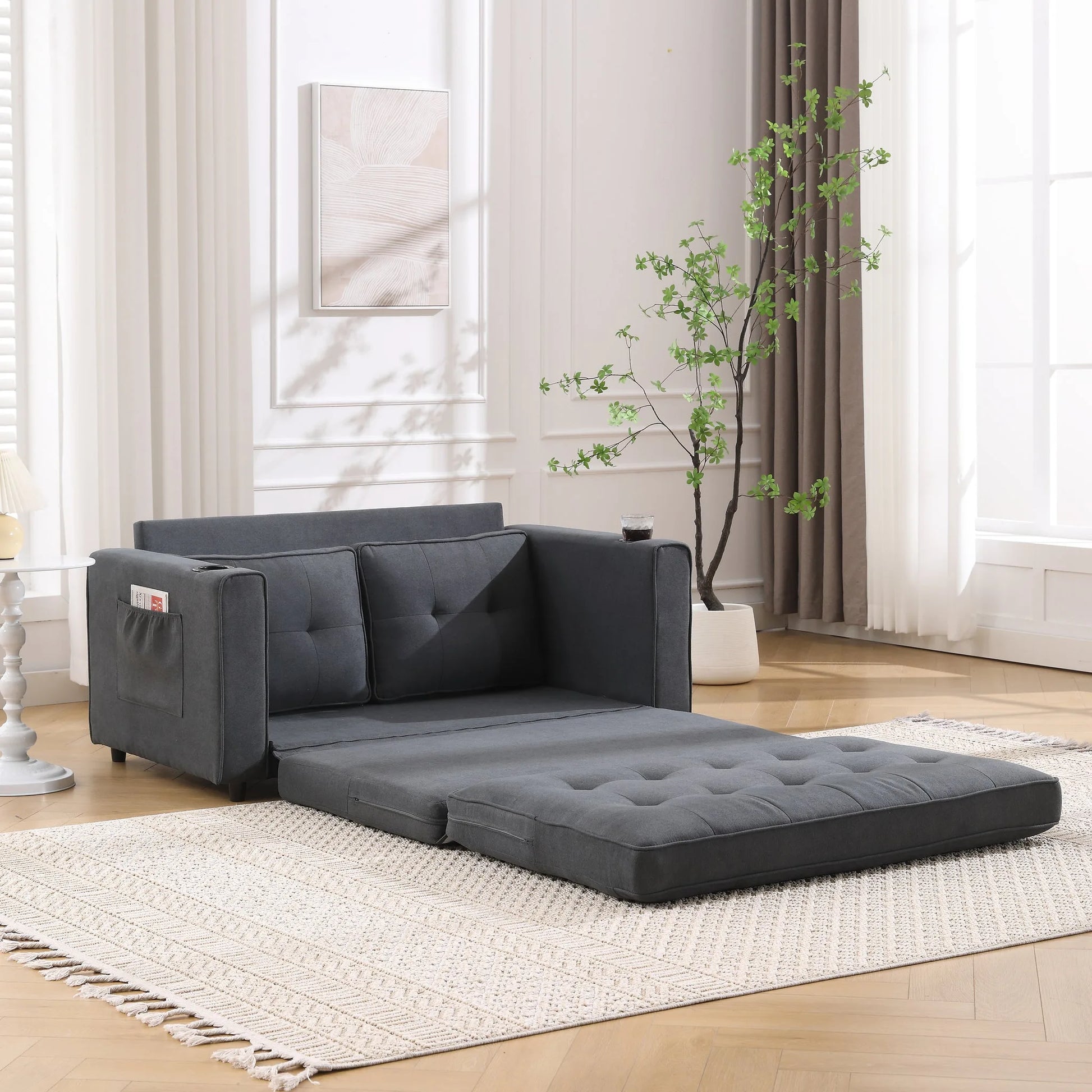 3-in-1 Upholstered Futon Sofa Convertible Sofa bed, Foldable Tufted Loveseat with Pull Out Sleeper Couch Bed, Folding Mattres Love Seat Daybed W/Side Pockets and Cup Holder, Dark Gray detail view 7