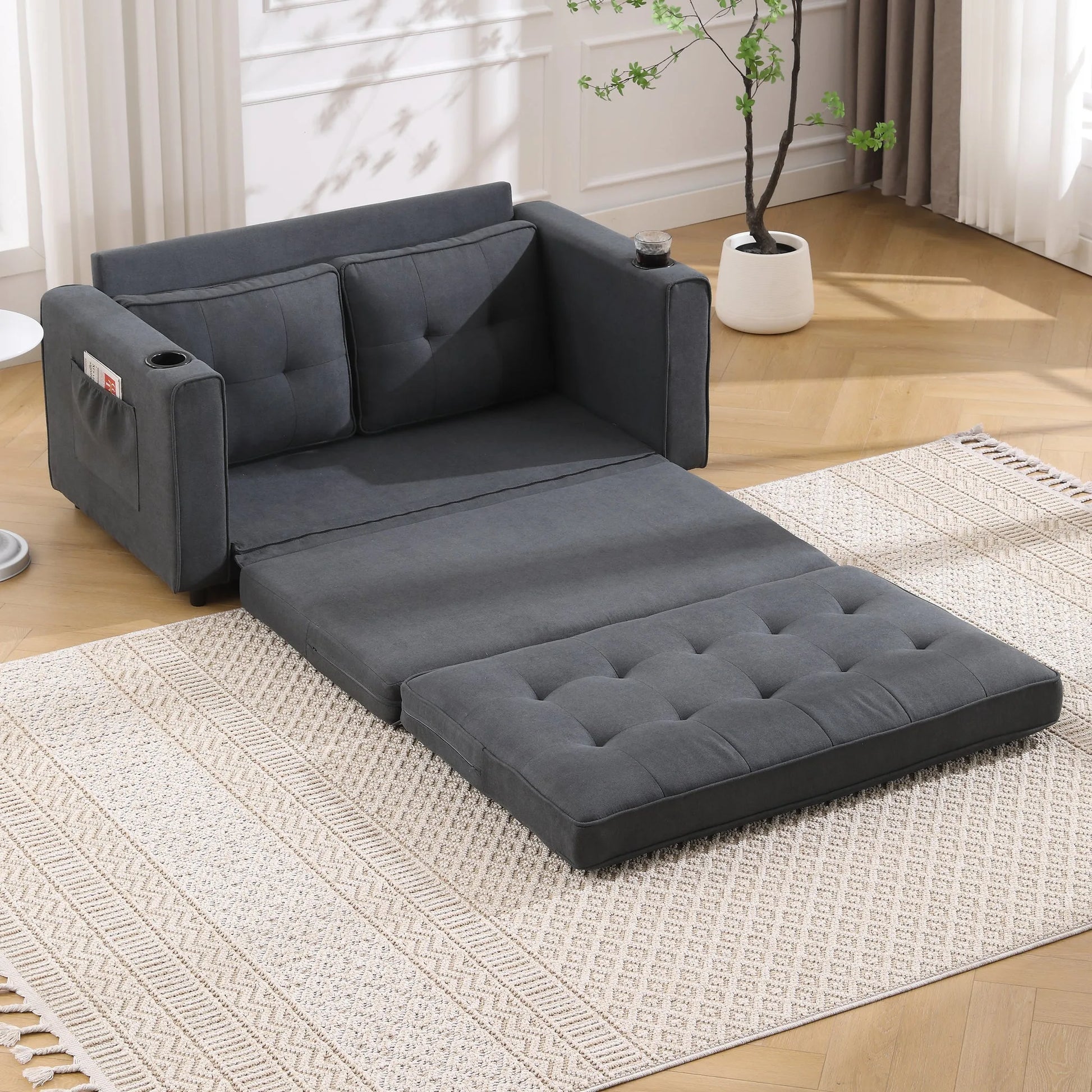 3-in-1 Upholstered Futon Sofa Convertible Sofa bed, Foldable Tufted Loveseat with Pull Out Sleeper Couch Bed, Folding Mattres Love Seat Daybed W/Side Pockets and Cup Holder, Dark Gray detail view 8