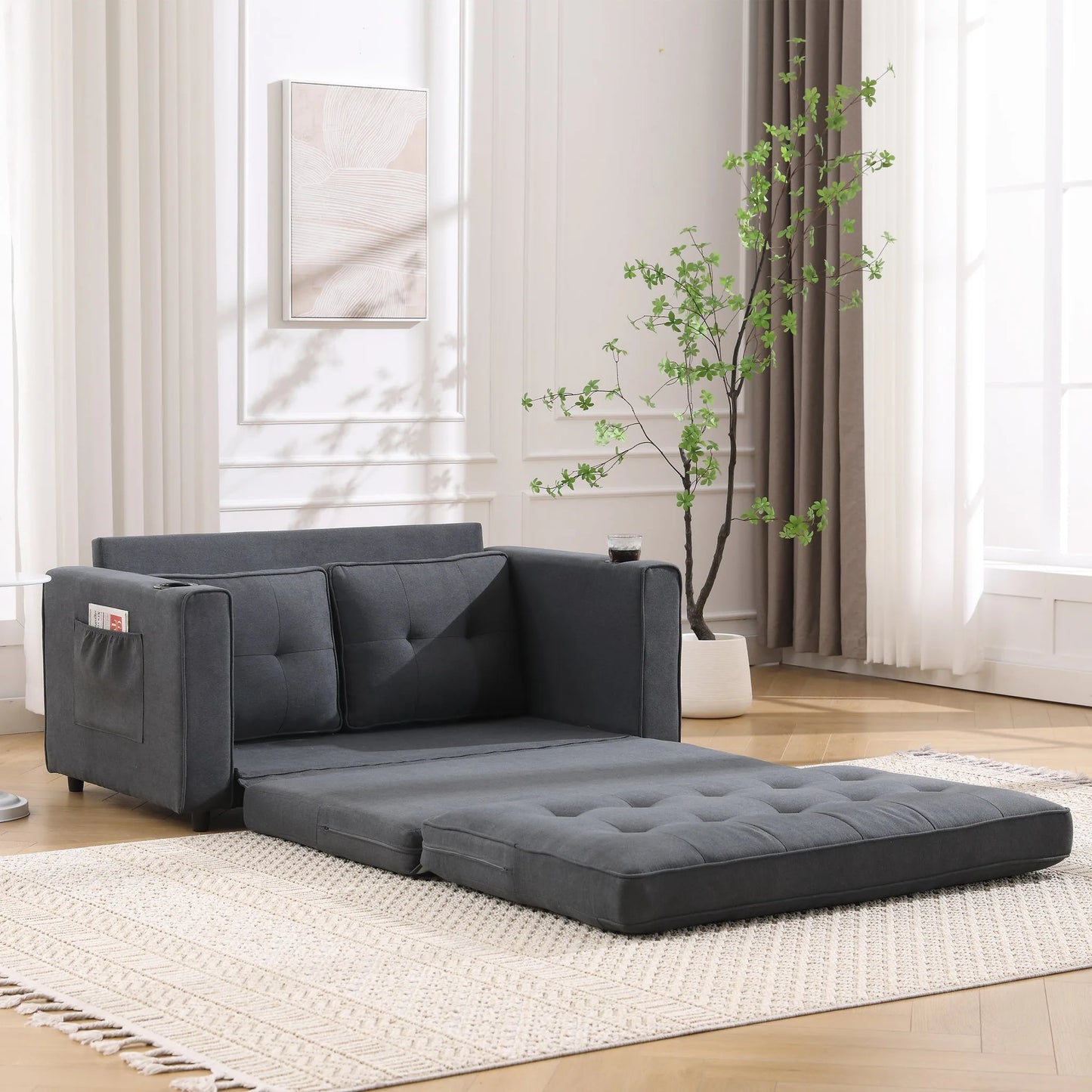 3-in-1 Upholstered Futon Sofa Convertible Sofa bed, Foldable Tufted Loveseat with Pull Out Sleeper Couch Bed, Folding Mattres Love Seat Daybed W/Side Pockets and Cup Holder, Dark Gray detail view 9