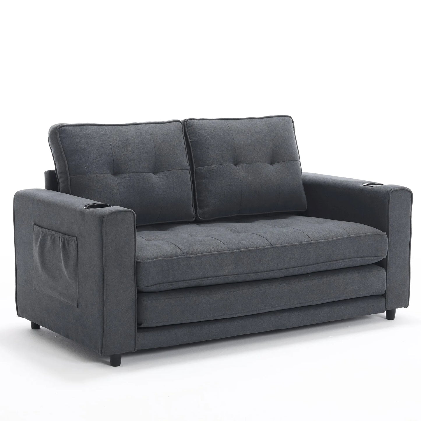 3-in-1 Upholstered Futon Sofa Convertible Sofa bed, Foldable Tufted Loveseat with Pull Out Sleeper Couch Bed, Folding Mattres Love Seat Daybed W/Side Pockets and Cup Holder, Dark Gray detail view 10