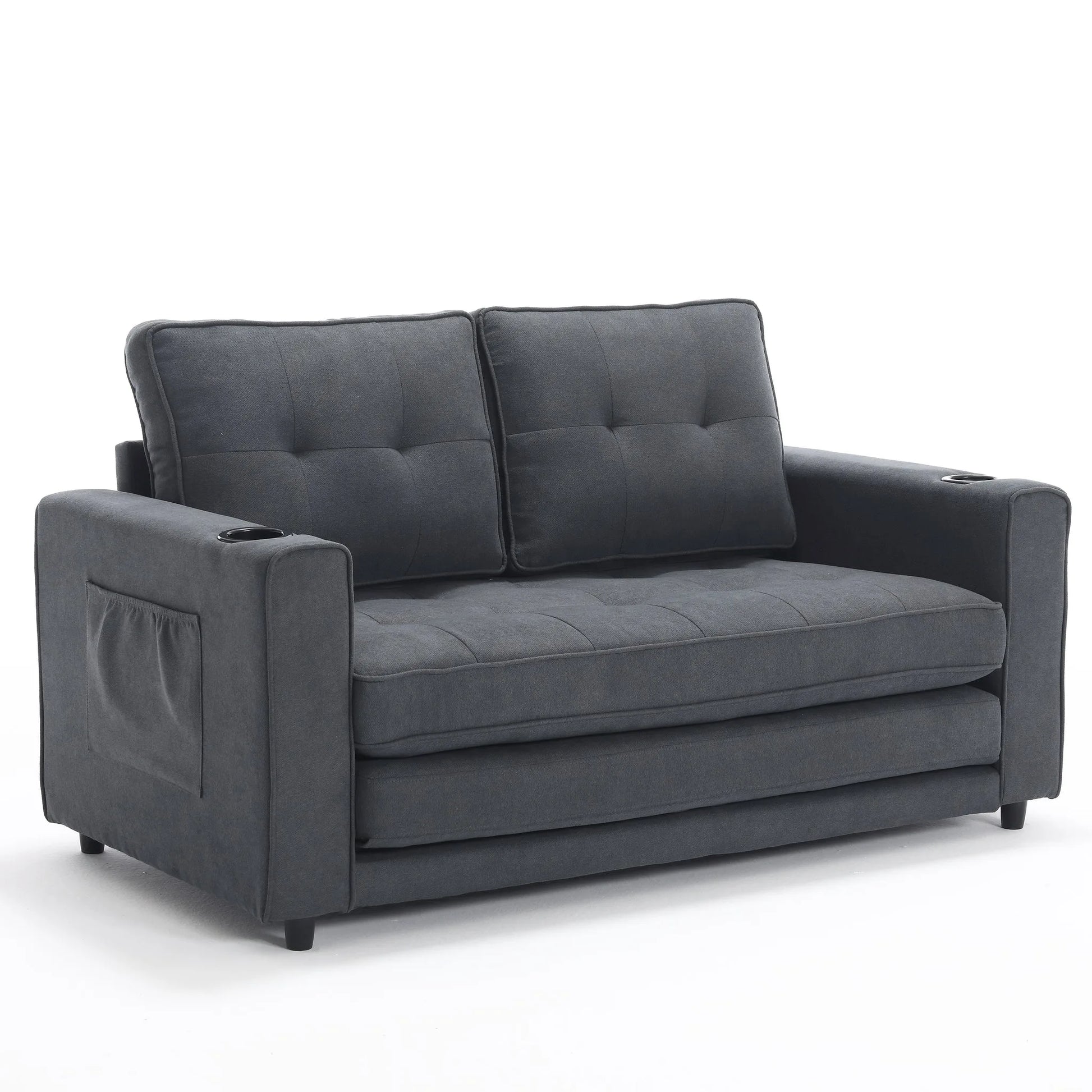 3-in-1 Upholstered Futon Sofa Convertible Sofa bed, Foldable Tufted Loveseat with Pull Out Sleeper Couch Bed, Folding Mattres Love Seat Daybed W/Side Pockets and Cup Holder, Dark Gray detail view 10