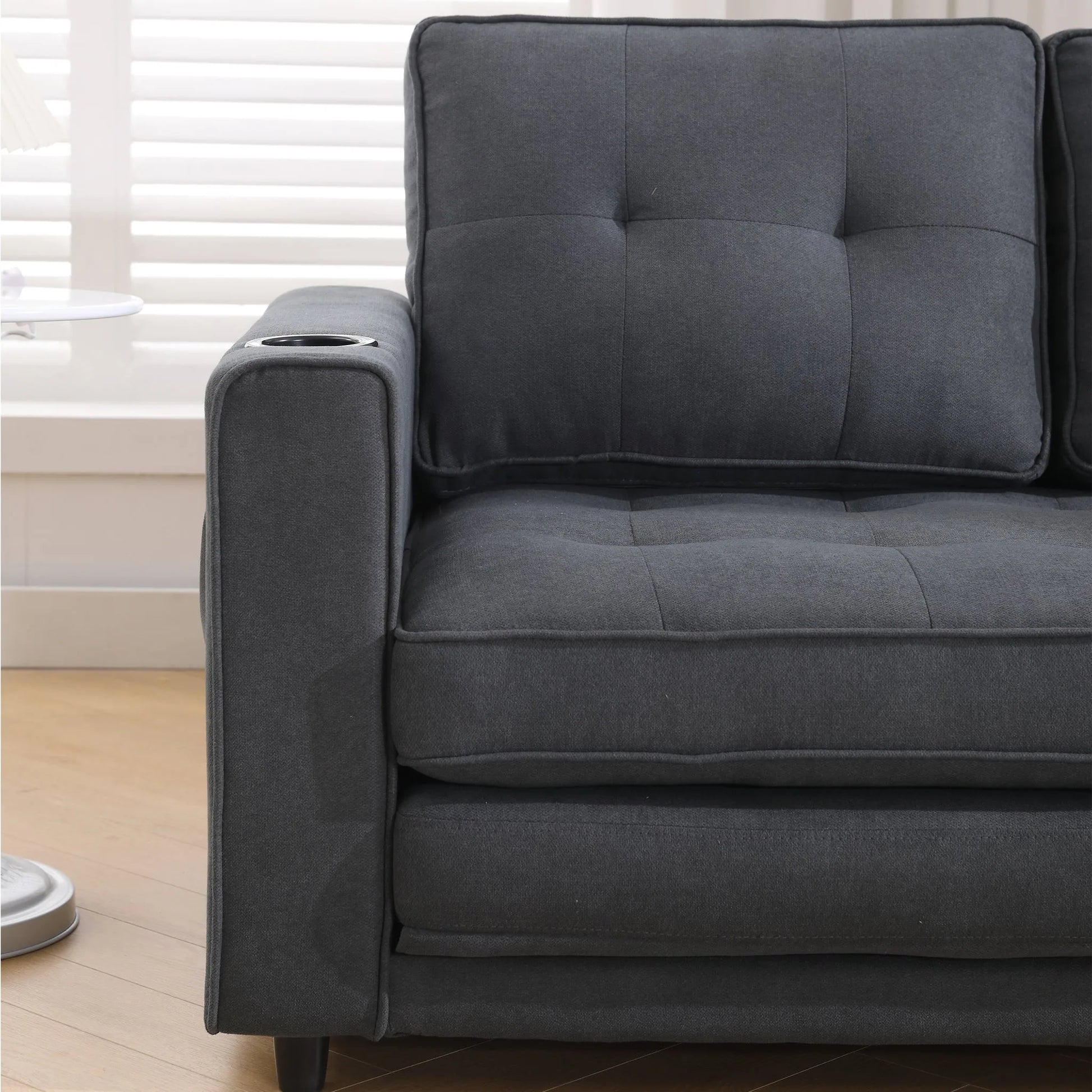 3-in-1 Upholstered Futon Sofa Convertible Sofa bed, Foldable Tufted Loveseat with Pull Out Sleeper Couch Bed, Folding Mattres Love Seat Daybed W/Side Pockets and Cup Holder, Dark Gray detail view 12