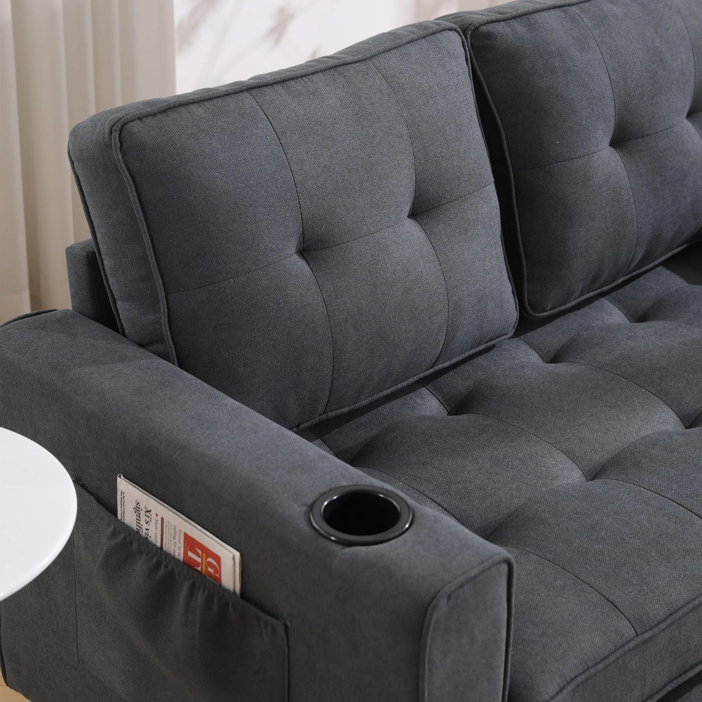 3-in-1 Upholstered Futon Sofa Convertible Sofa bed, Foldable Tufted Loveseat with Pull Out Sleeper Couch Bed, Folding Mattres Love Seat Daybed W/Side Pockets and Cup Holder, Dark Gray detail view 15
