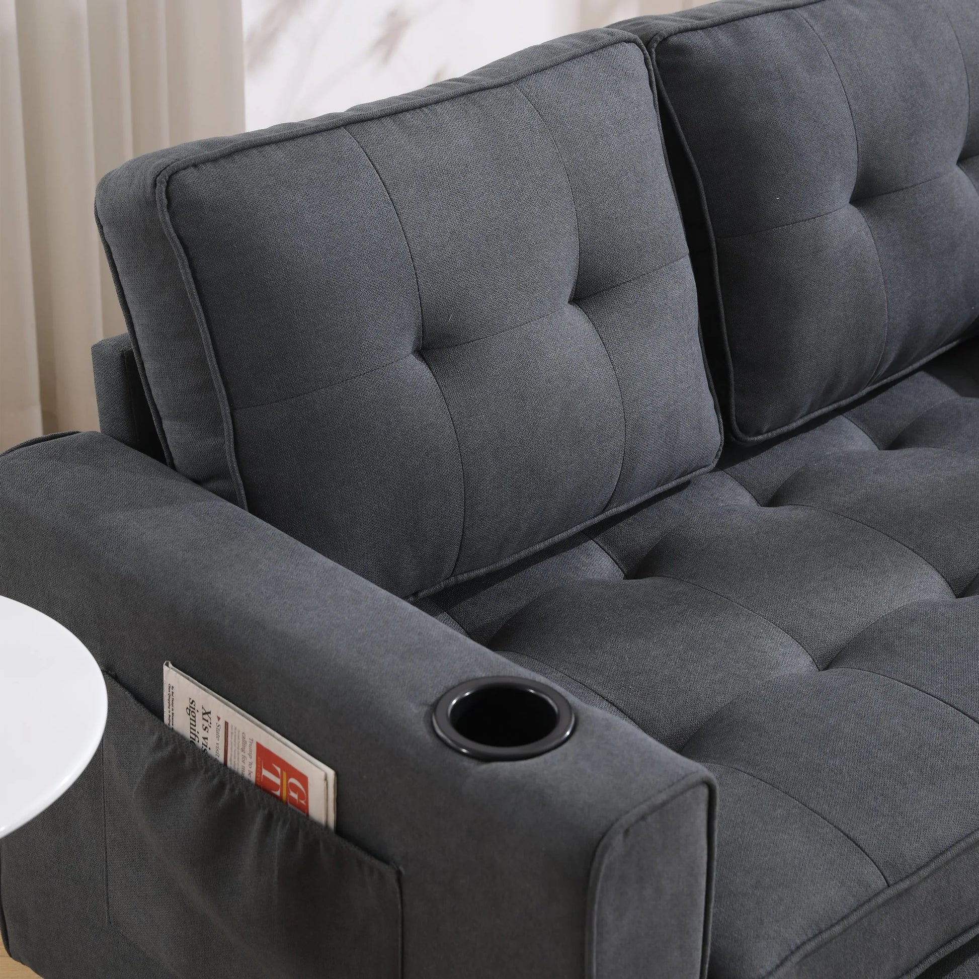 3-in-1 Upholstered Futon Sofa Convertible Sofa bed, Foldable Tufted Loveseat with Pull Out Sleeper Couch Bed, Folding Mattres Love Seat Daybed W/Side Pockets and Cup Holder, Dark Gray detail view 15