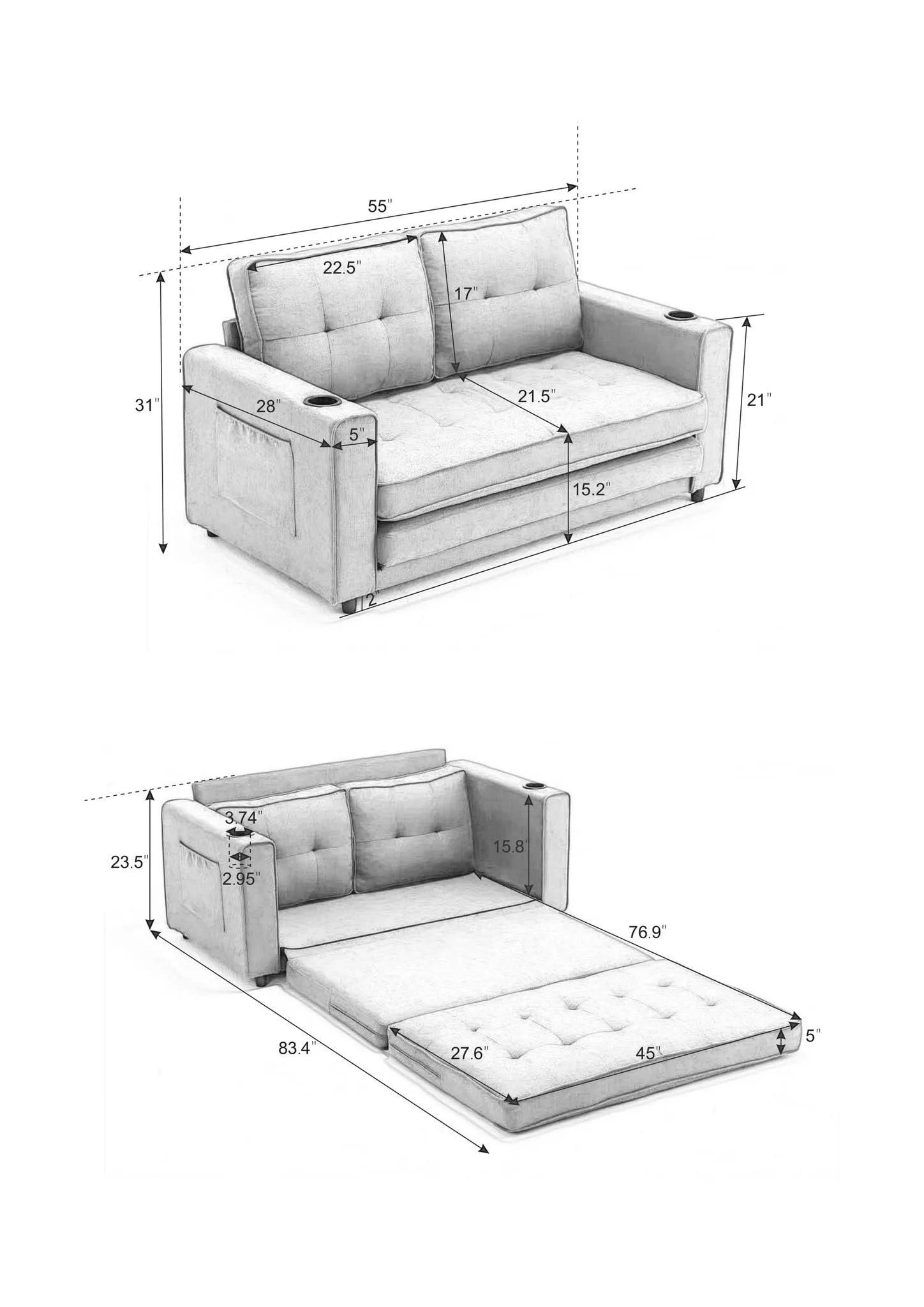 3-in-1 Upholstered Futon Sofa Convertible Sofa bed, Foldable Tufted Loveseat with Pull Out Sleeper Couch Bed, Folding Mattres Love Seat Daybed W/Side Pockets and Cup Holder, Dark Gray detail view 18