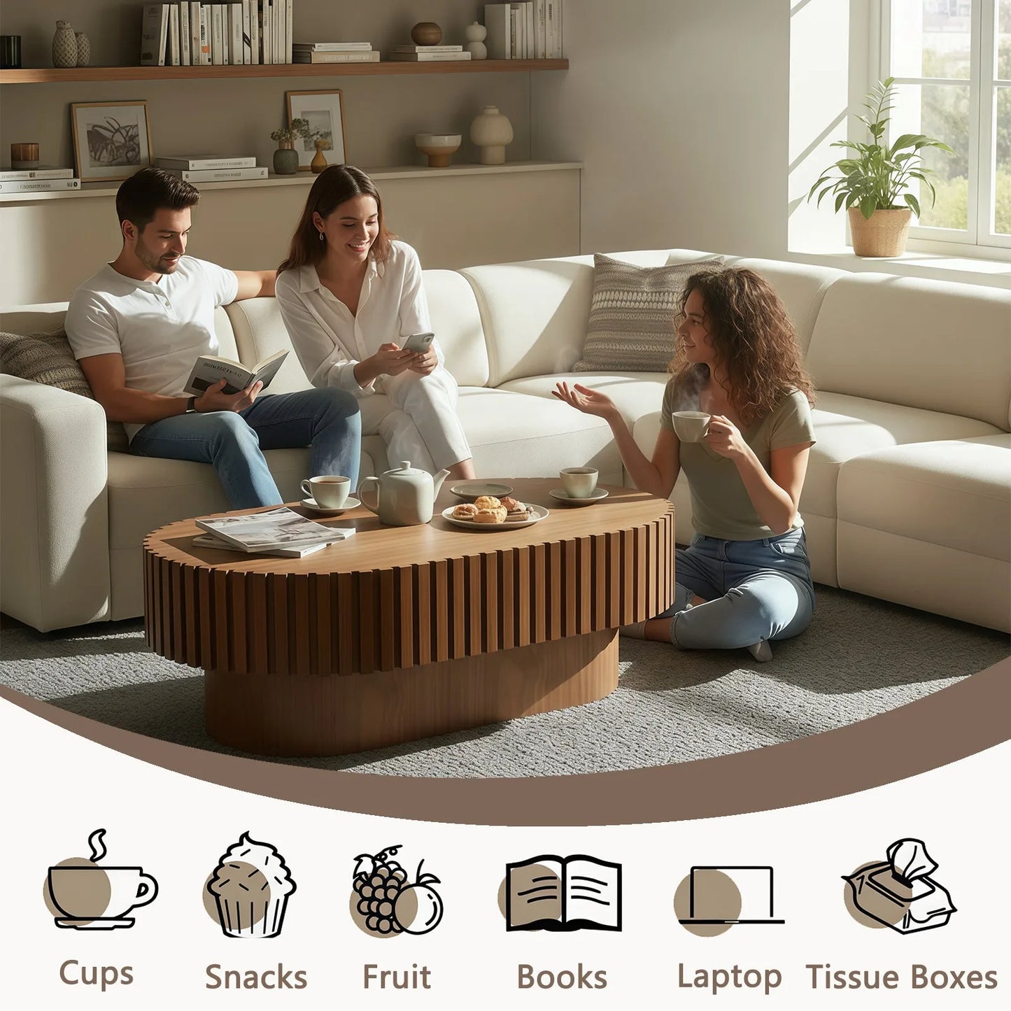 Oval Coffee Table, Mid Century Modern Fluted Coffee Table with Pedestal, Classic Wood Coffee Table for Living Room, Bedroom, Apartment, Office, Small Space, 43.1' Walnut lifestyle view